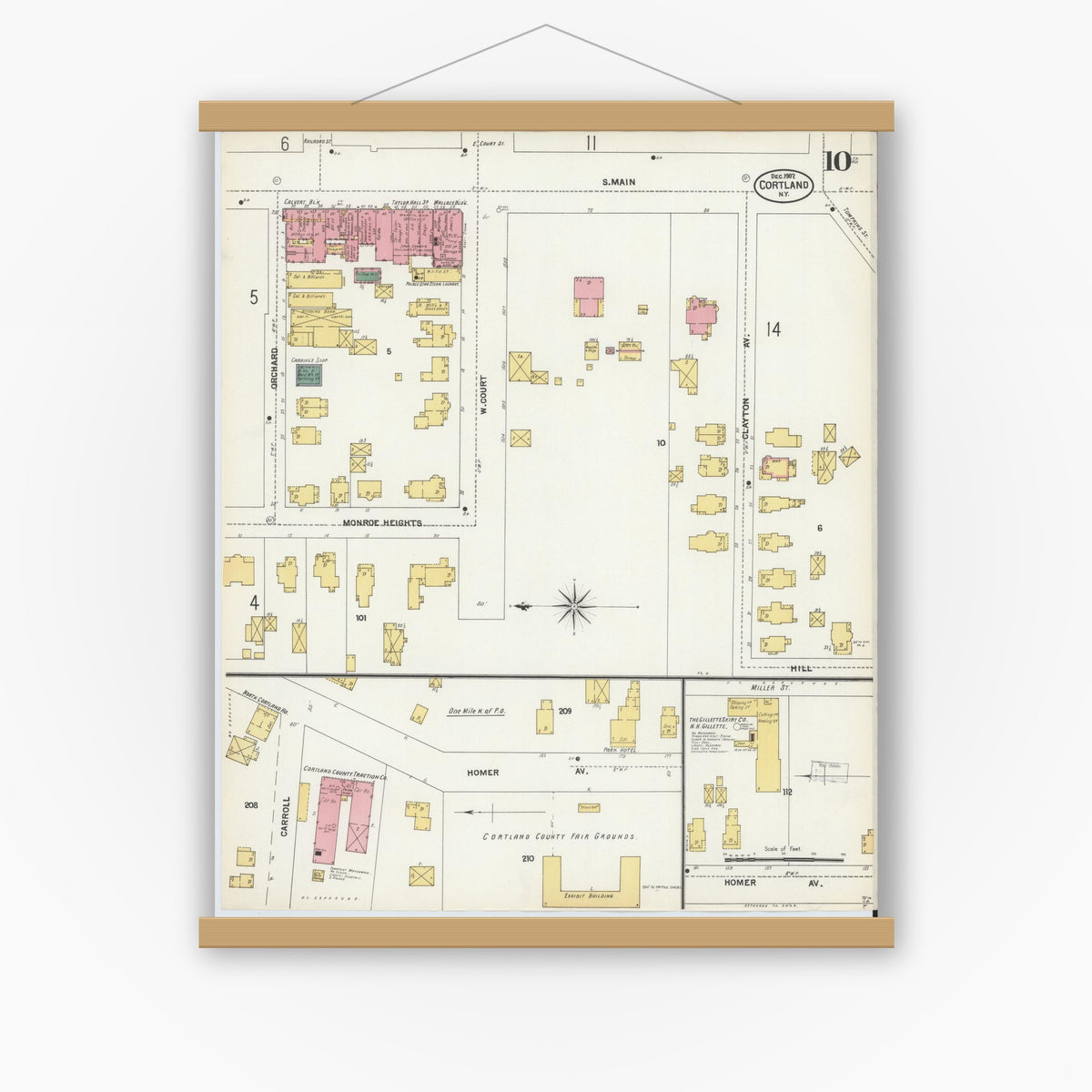 Old map wall art mockup — magnetic wood frame on white wall — Sanborn Fire Insurance Map from Cortland, Cortland County, New York (1902), Sheet #0010