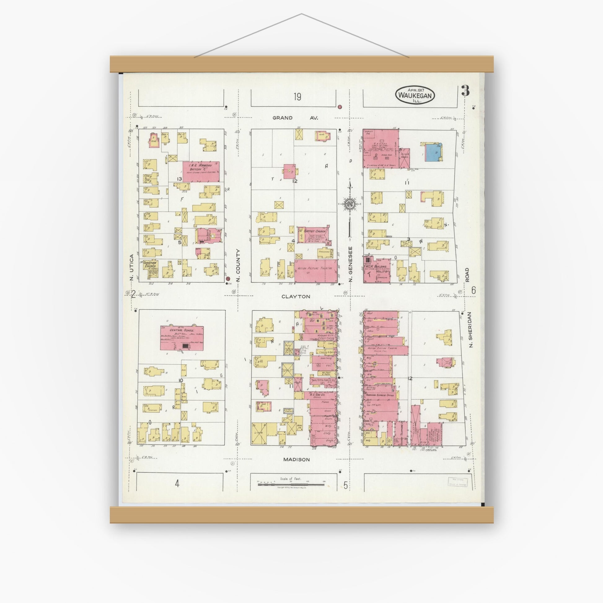 Old map wall art mockup — magnetic wood frame on white wall — Sanborn Fire Insurance Map from Waukegan, Lake County, Illinois (1917), Sheet #0003