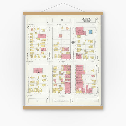 Old map wall art mockup — magnetic wood frame on white wall — Sanborn Fire Insurance Map from Waukegan, Lake County, Illinois (1917), Sheet #0003