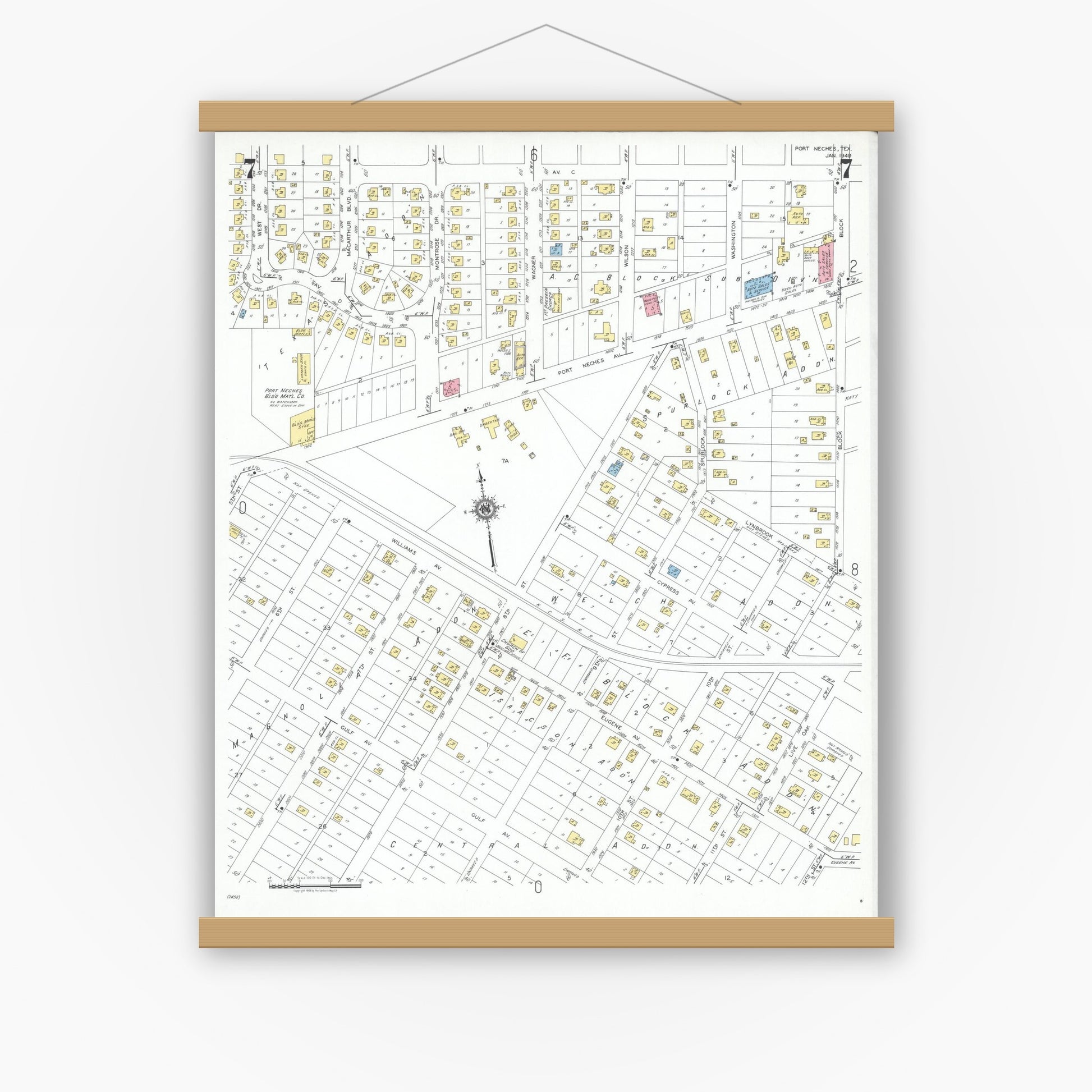Old map wall art mockup — magnetic wood frame on white wall — Sanborn Fire Insurance Map from Port Neches, Jefferson County, Texas (1949), Sheet #0007