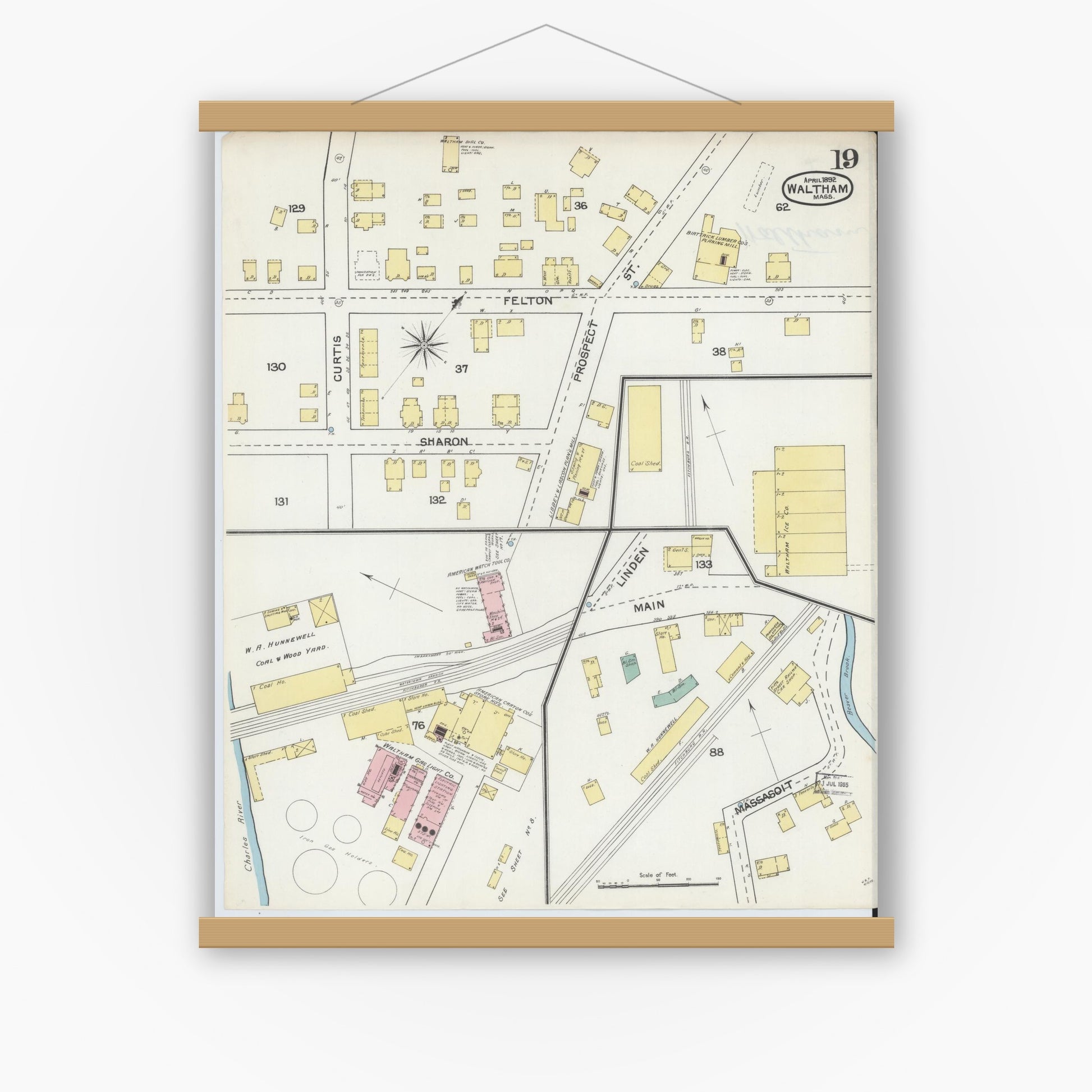 Old map wall art mockup — magnetic wood frame on white wall — Sanborn Fire Insurance Map from Waltham, Middlesex County, Massachusetts (1892), Sheet #0019