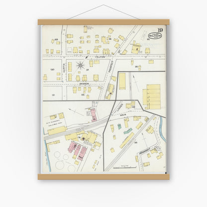 Old map wall art mockup — magnetic wood frame on white wall — Sanborn Fire Insurance Map from Waltham, Middlesex County, Massachusetts (1892), Sheet #0019
