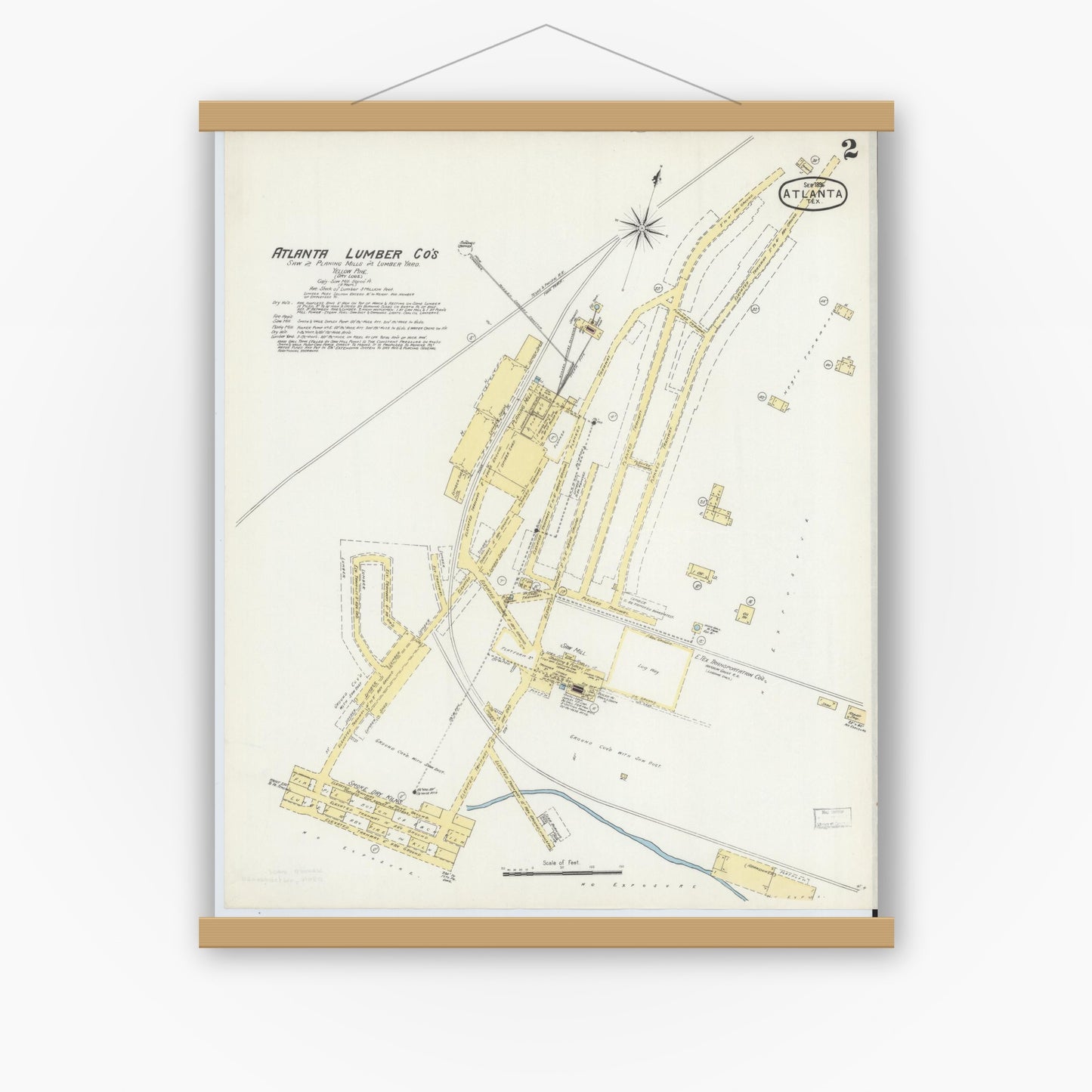Old map wall art mockup — magnetic wood frame on white wall — Sanborn Fire Insurance Map from Atlanta, Cass County, Texas (1896), Sheet #0002