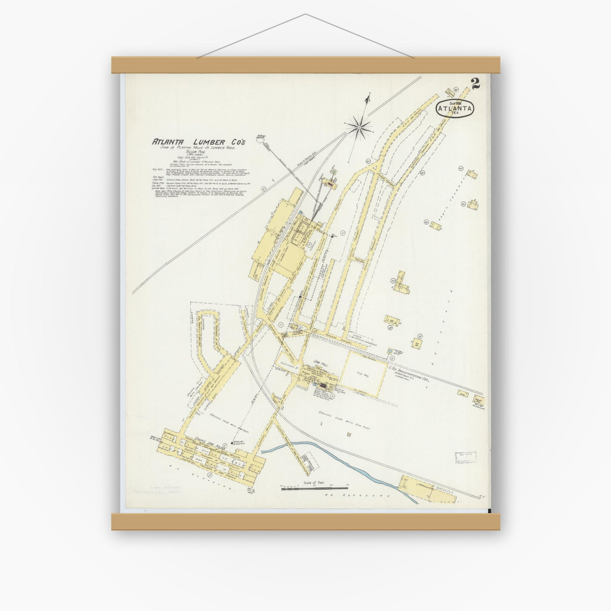 Old map wall art mockup — magnetic wood frame on white wall — Sanborn Fire Insurance Map from Atlanta, Cass County, Texas (1896), Sheet #0002