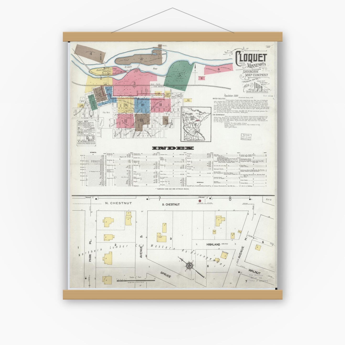 Old map wall art mockup — magnetic wood frame on white wall — Sanborn Fire Insurance Map from Cloquet, Carlton County, Minnesota (1919), Sheet #0001