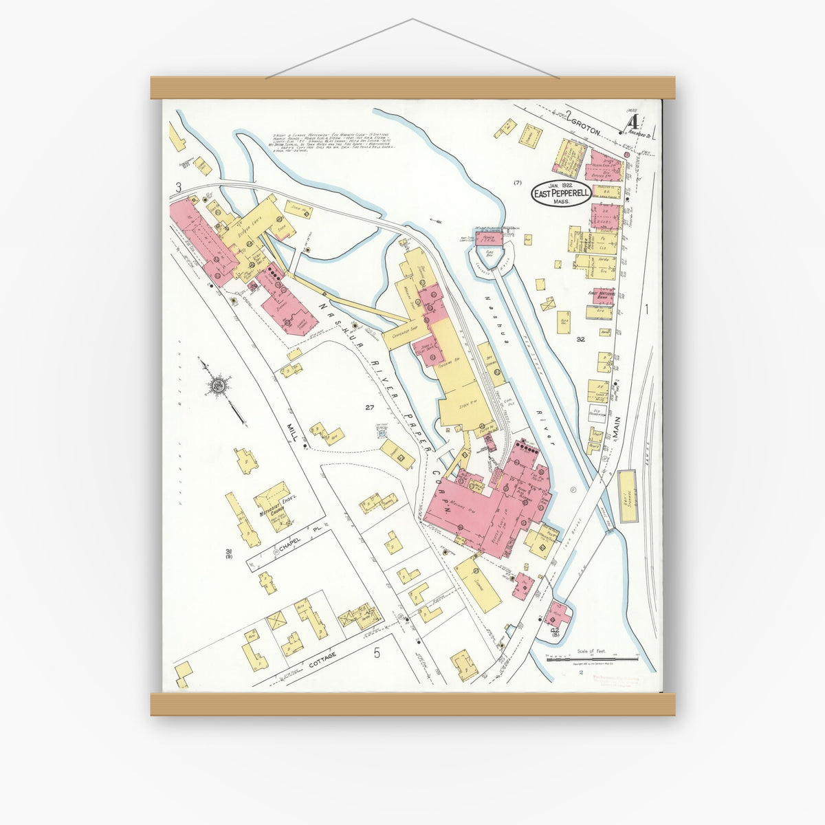 Old map wall art mockup — magnetic wood frame on white wall — Sanborn Fire Insurance Map from East Pepperell, Middlesex County, Massachusetts (1922), Sheet #0004