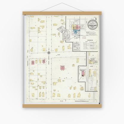 Old map wall art mockup — magnetic wood frame on white wall — Sanborn Fire Insurance Map from Schoolcraft, Kalamazoo County, Michigan (1914), Sheet #0001