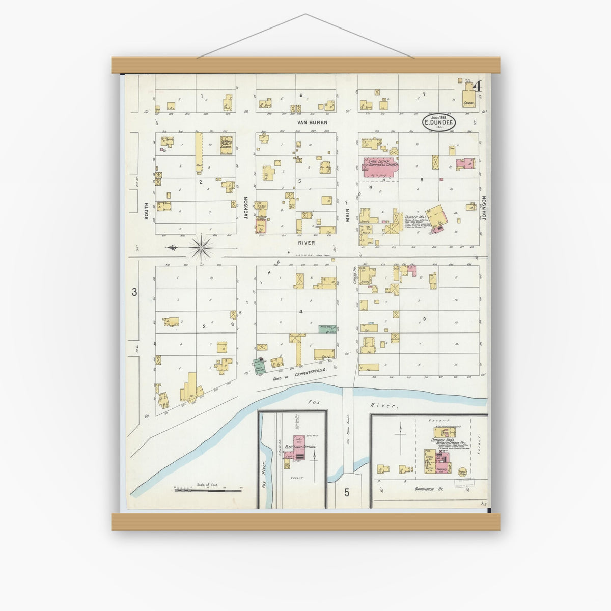 Old map wall art mockup — magnetic wood frame on white wall — Sanborn Fire Insurance Map from Dundee, Kane County, Illinois (1898), Sheet #0004
