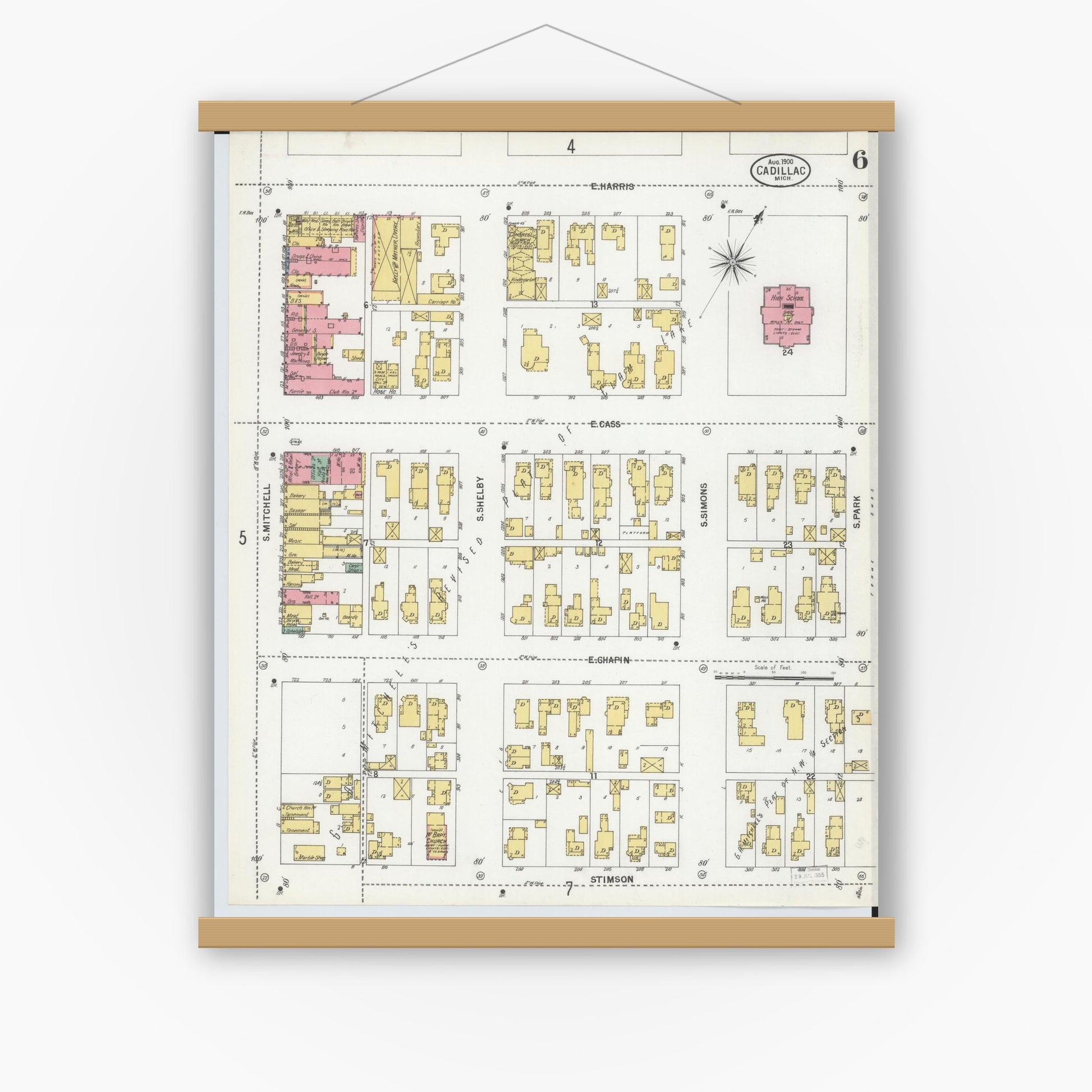 Old map wall art mockup — magnetic wood frame on white wall — Sanborn Fire Insurance Map from Cadillac, Wexford County, Michigan (1900), Sheet #0006