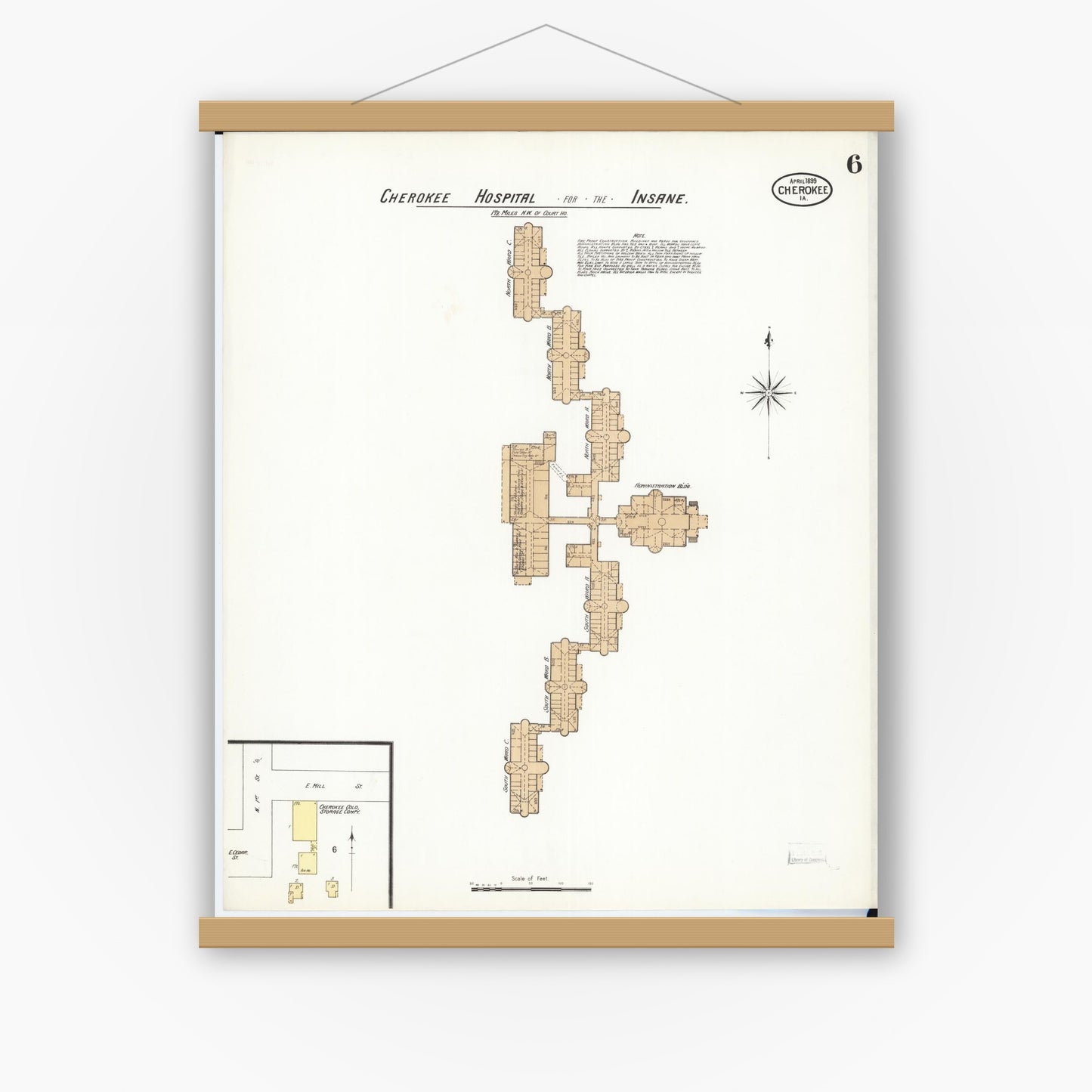 Old map wall art mockup — magnetic wood frame on white wall — Sanborn Fire Insurance Map from Cherokee, Cherokee County, Iowa (1899), Sheet #0006