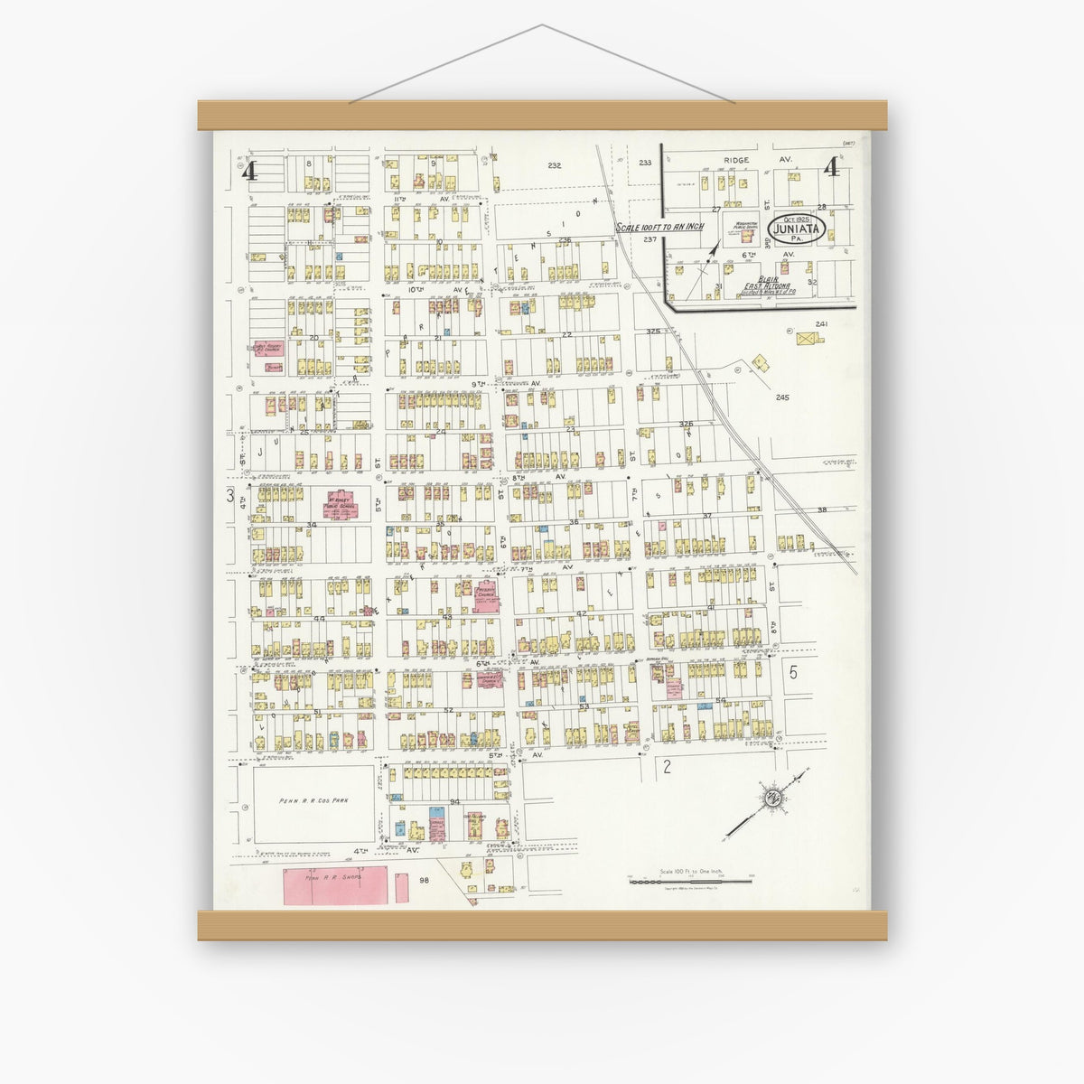 Old map wall art mockup — magnetic wood frame on white wall — Sanborn Fire Insurance Map from Juniata, Blair County, Pennsylvania (1925), Sheet #0004