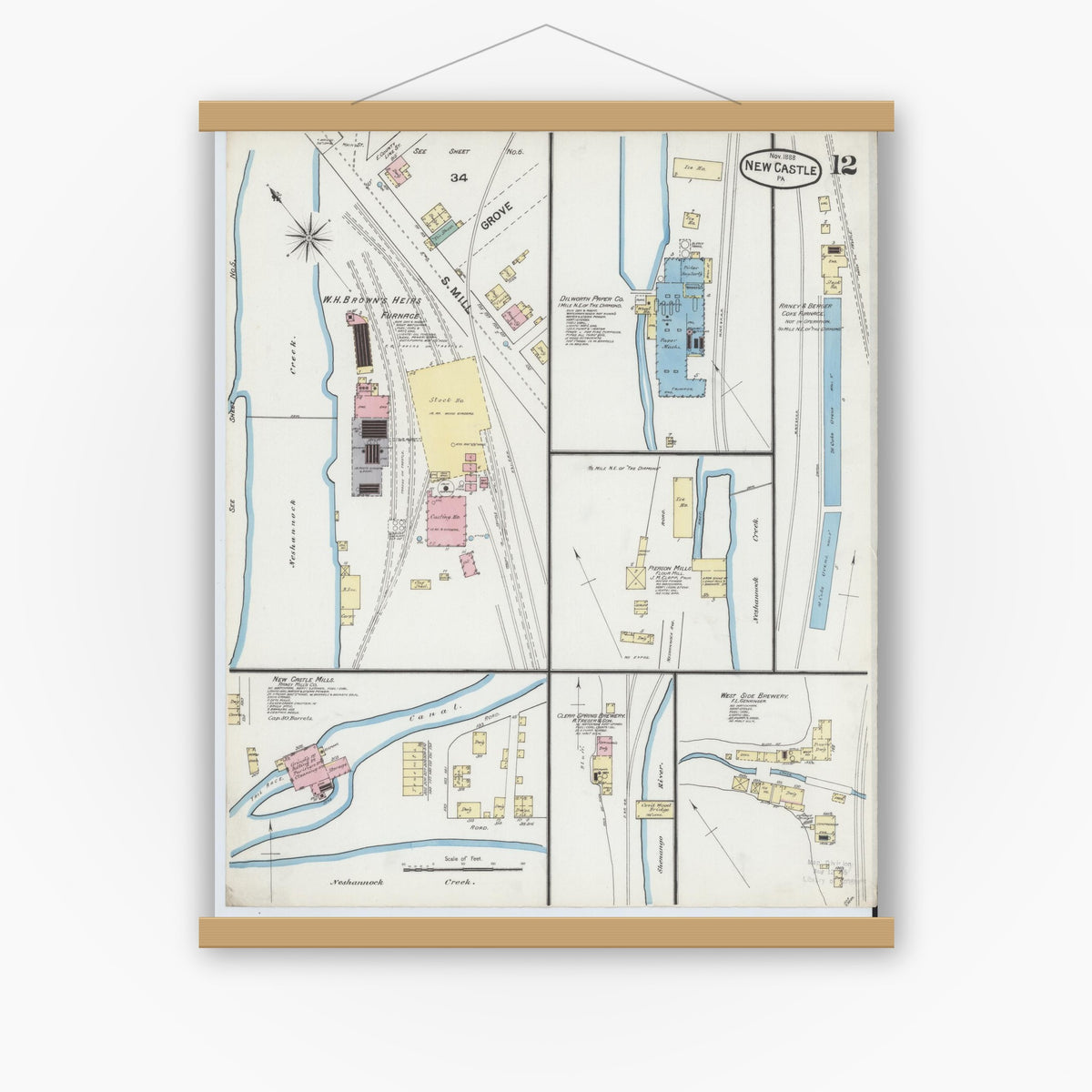 Old map wall art mockup — magnetic wood frame on white wall — Sanborn Fire Insurance Map from New Castle, Lawrence County, Pennsylvania (1888), Sheet #0012