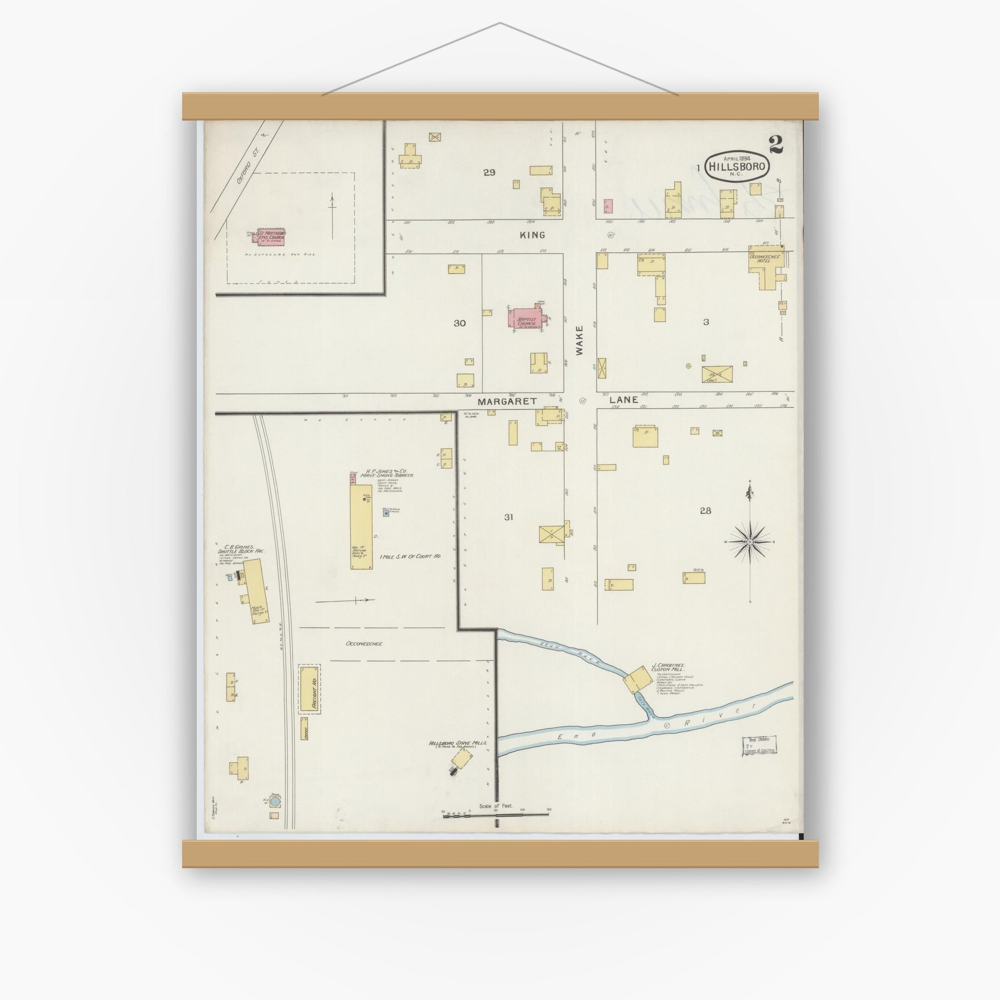 Old map wall art mockup — magnetic wood frame on white wall — Sanborn Fire Insurance Map from Hillsboro, Orange County, North Carolina (1894), Sheet #0002