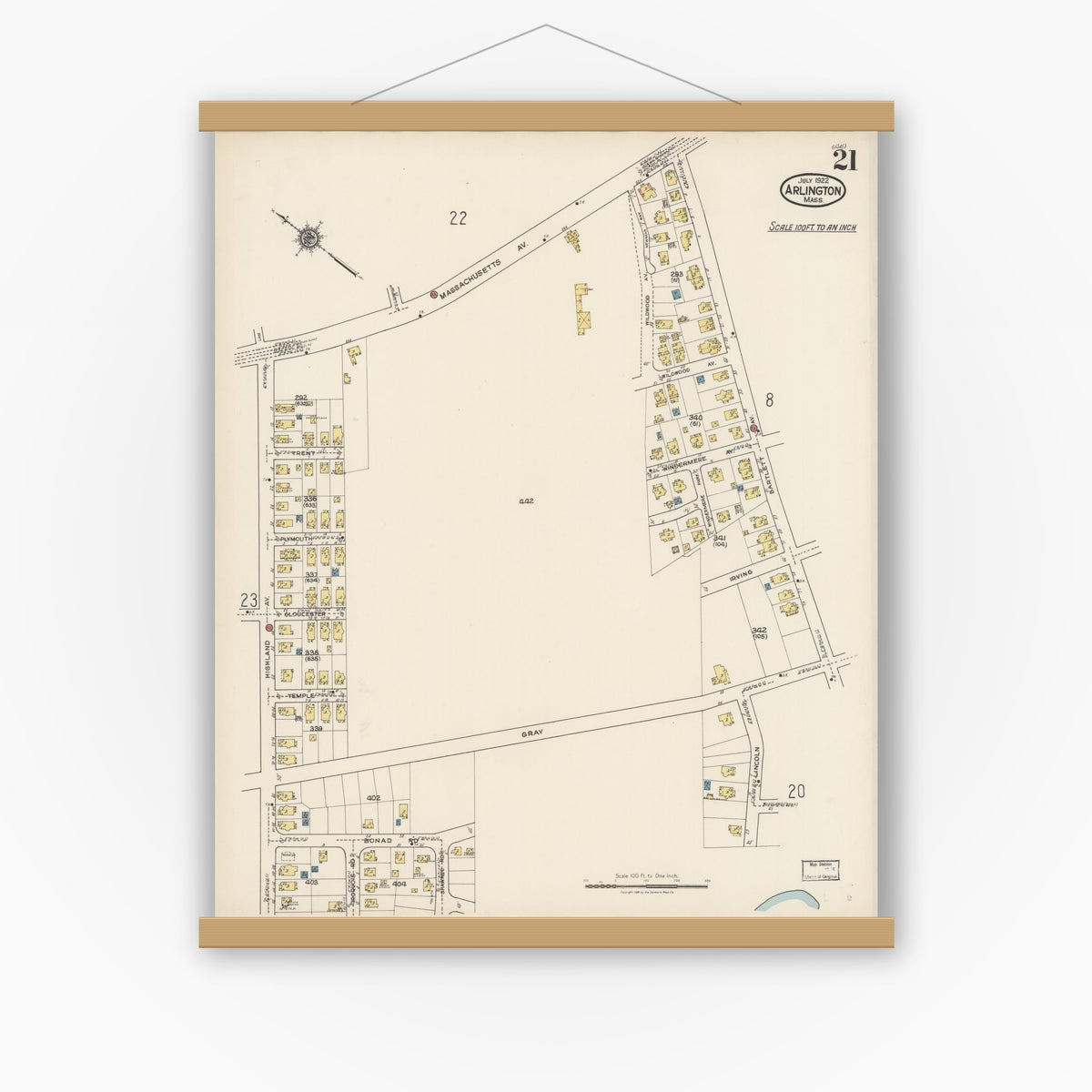 Old map wall art mockup — magnetic wood frame on white wall — Sanborn Fire Insurance Map from Arlington, Middlesex County, Massachusetts (1922), Sheet #0021