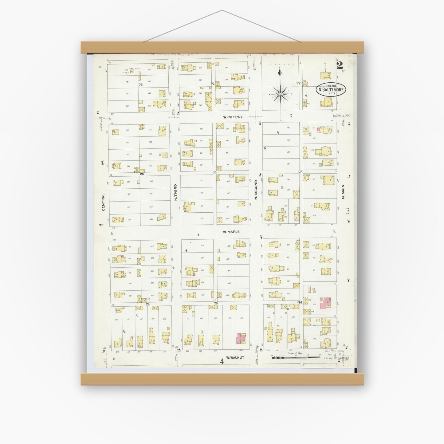 Old map wall art mockup — magnetic wood frame on white wall — Sanborn Fire Insurance Map from North Baltimore, Wood County, Ohio (1908), Sheet #0002