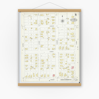 Old map wall art mockup — magnetic wood frame on white wall — Sanborn Fire Insurance Map from North Baltimore, Wood County, Ohio (1908), Sheet #0002