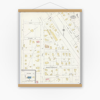Old map wall art mockup — magnetic wood frame on white wall — Sanborn Fire Insurance Map from Warren, Jo Daviess County, Illinois (1912), Sheet #0004