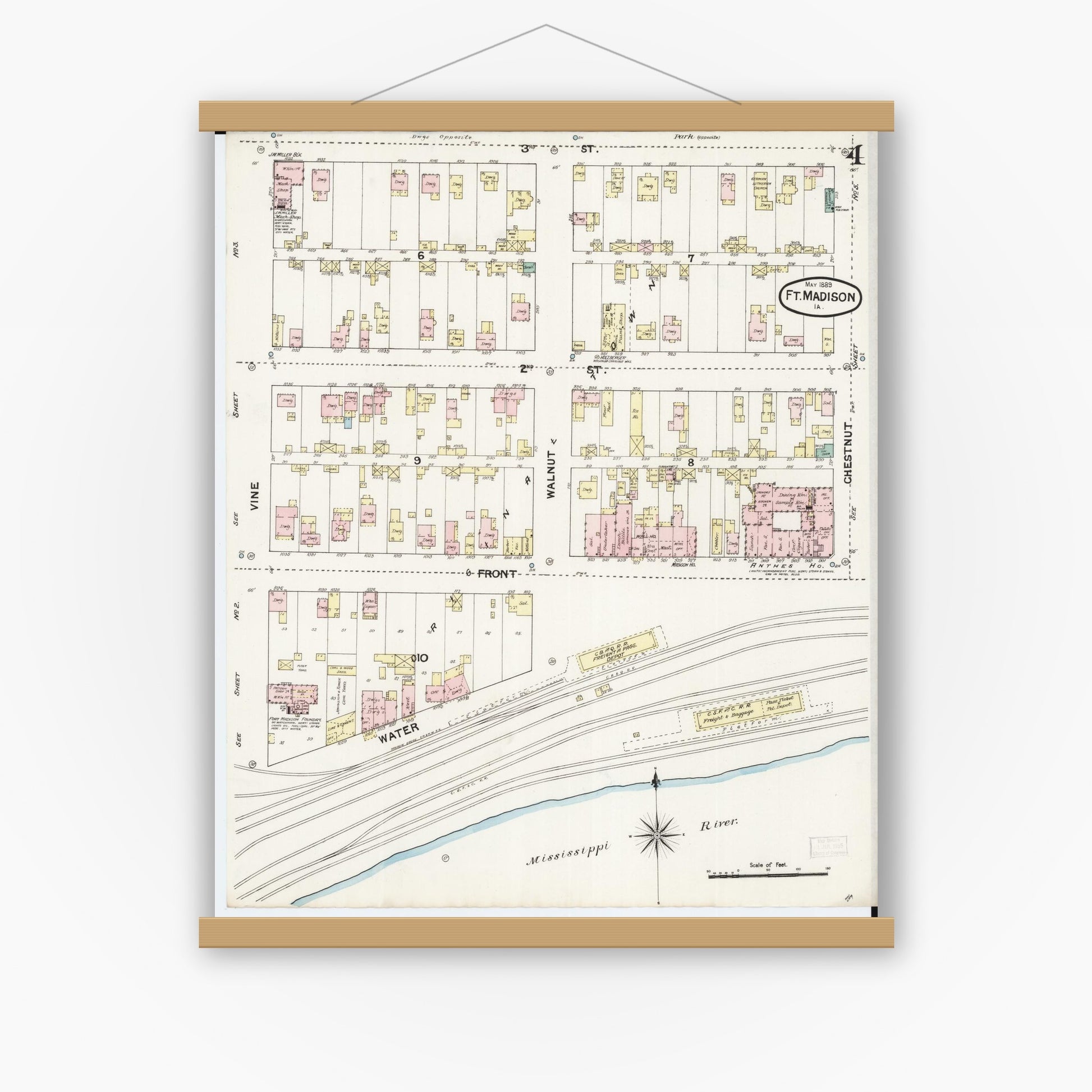 Old map wall art mockup — magnetic wood frame on white wall — Sanborn Fire Insurance Map from Fort Madison, Lee County, Iowa (1889), Sheet #0004