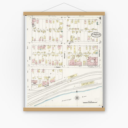 Old map wall art mockup — magnetic wood frame on white wall — Sanborn Fire Insurance Map from Fort Madison, Lee County, Iowa (1889), Sheet #0004