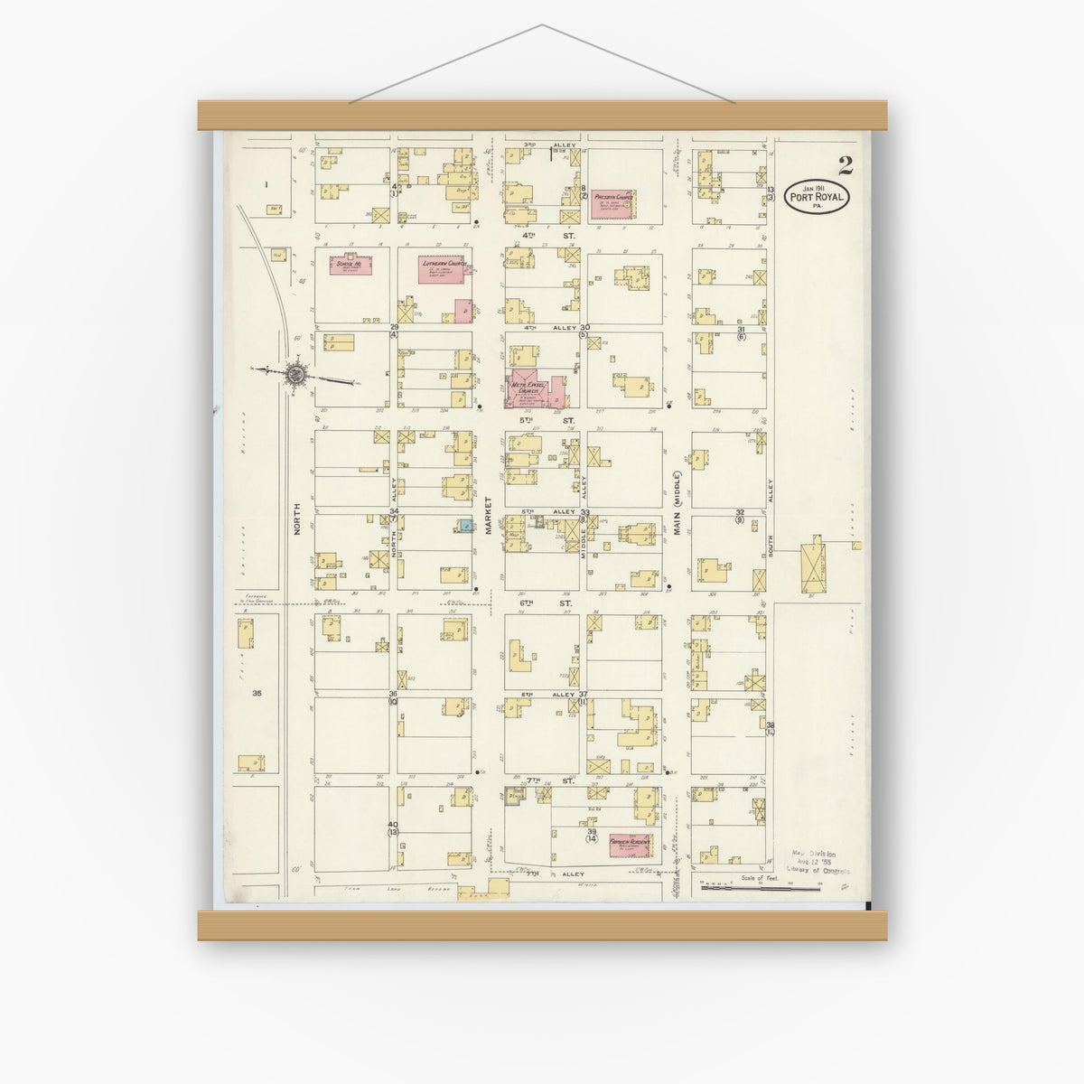 Old map wall art mockup — magnetic wood frame on white wall — Sanborn Fire Insurance Map from Port Royal, Juniata County, Pennsylvania (1911), Sheet #0002