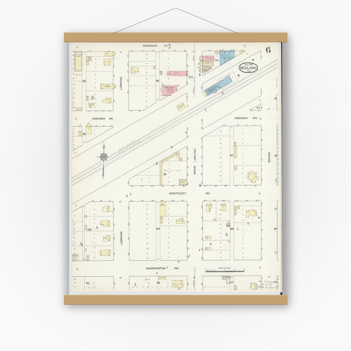 Old map wall art mockup — magnetic wood frame on white wall — Sanborn Fire Insurance Map from Midland, Midland County, Texas (1914), Sheet #0006