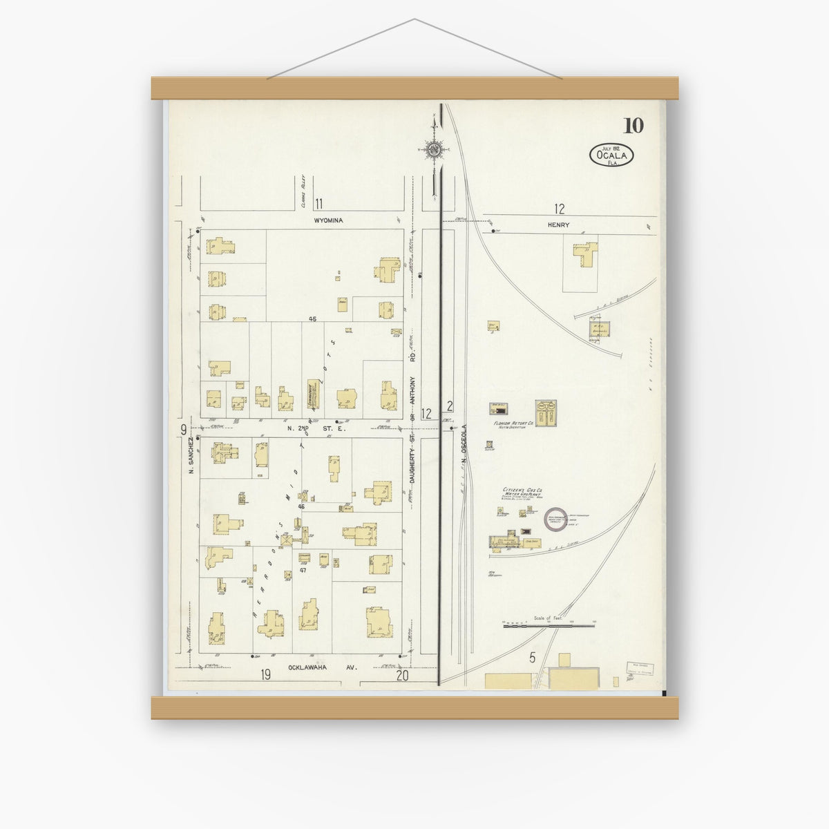 Old map wall art mockup — magnetic wood frame on white wall — Sanborn Fire Insurance Map from Ocala, Marion County, Florida (1912), Sheet #0010