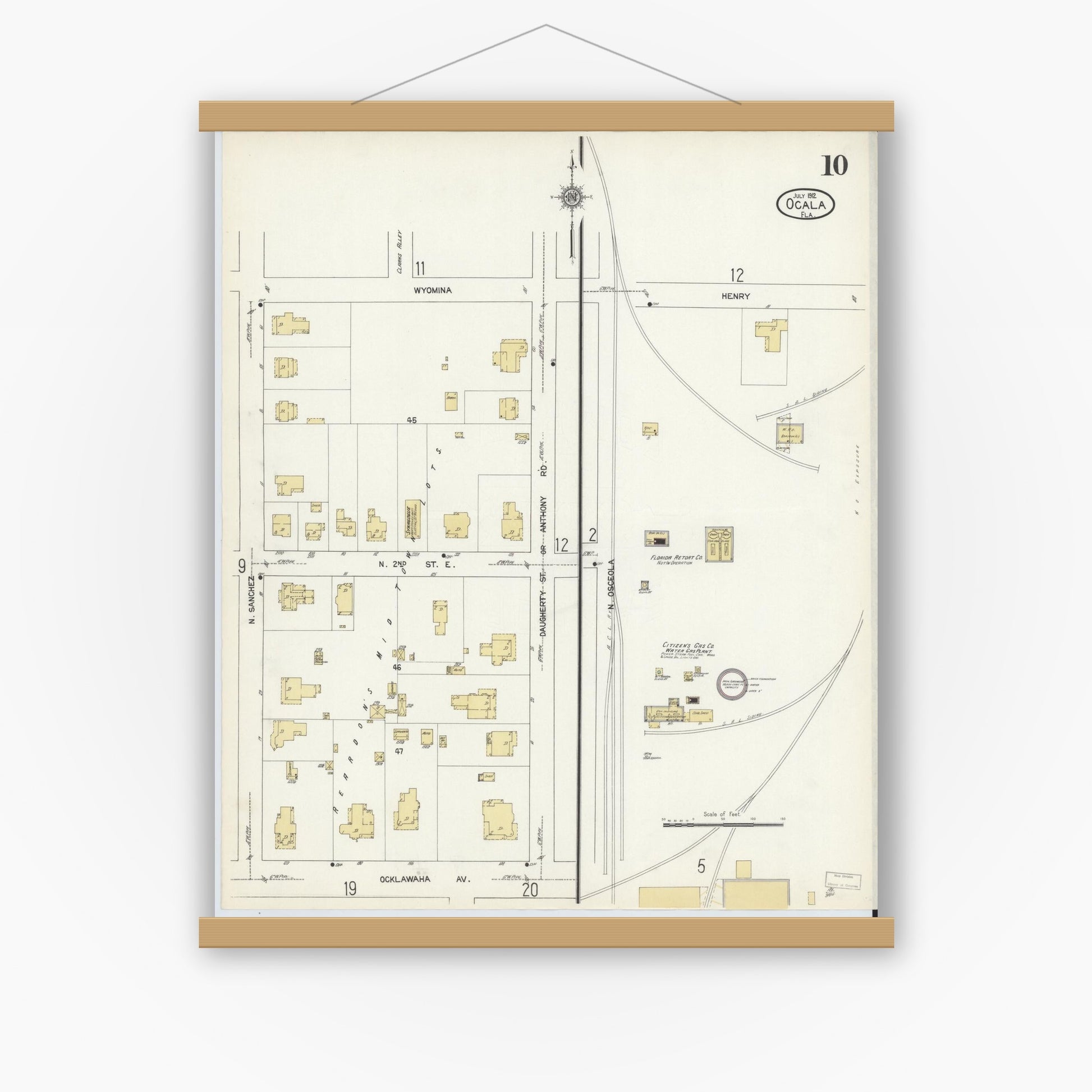 Old map wall art mockup — magnetic wood frame on white wall — Sanborn Fire Insurance Map from Ocala, Marion County, Florida (1912), Sheet #0010