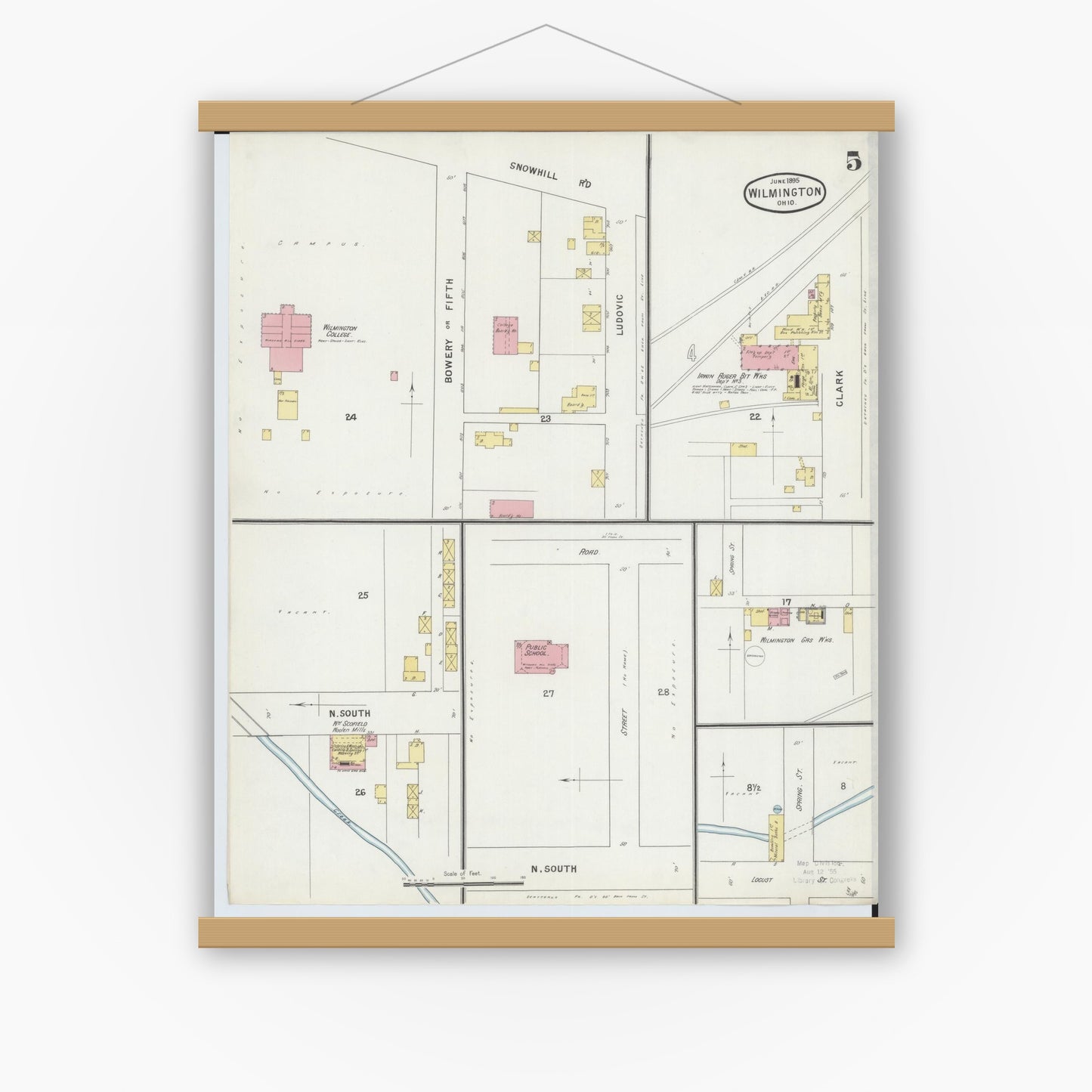 Old map wall art mockup — magnetic wood frame on white wall — Sanborn Fire Insurance Map from Wilmington, Clinton County, Ohio (1895), Sheet #0005