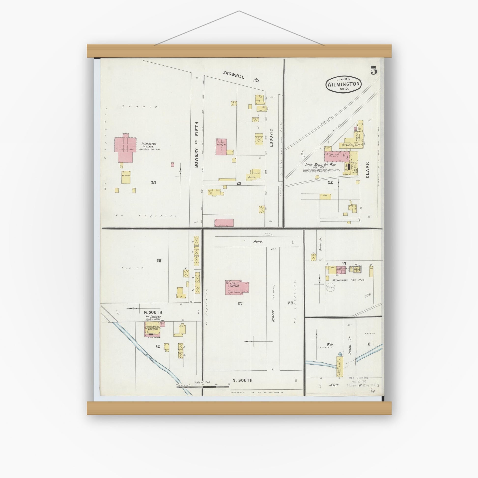 Old map wall art mockup — magnetic wood frame on white wall — Sanborn Fire Insurance Map from Wilmington, Clinton County, Ohio (1895), Sheet #0005