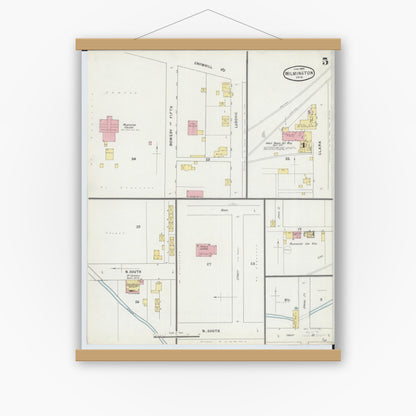 Old map wall art mockup — magnetic wood frame on white wall — Sanborn Fire Insurance Map from Wilmington, Clinton County, Ohio (1895), Sheet #0005