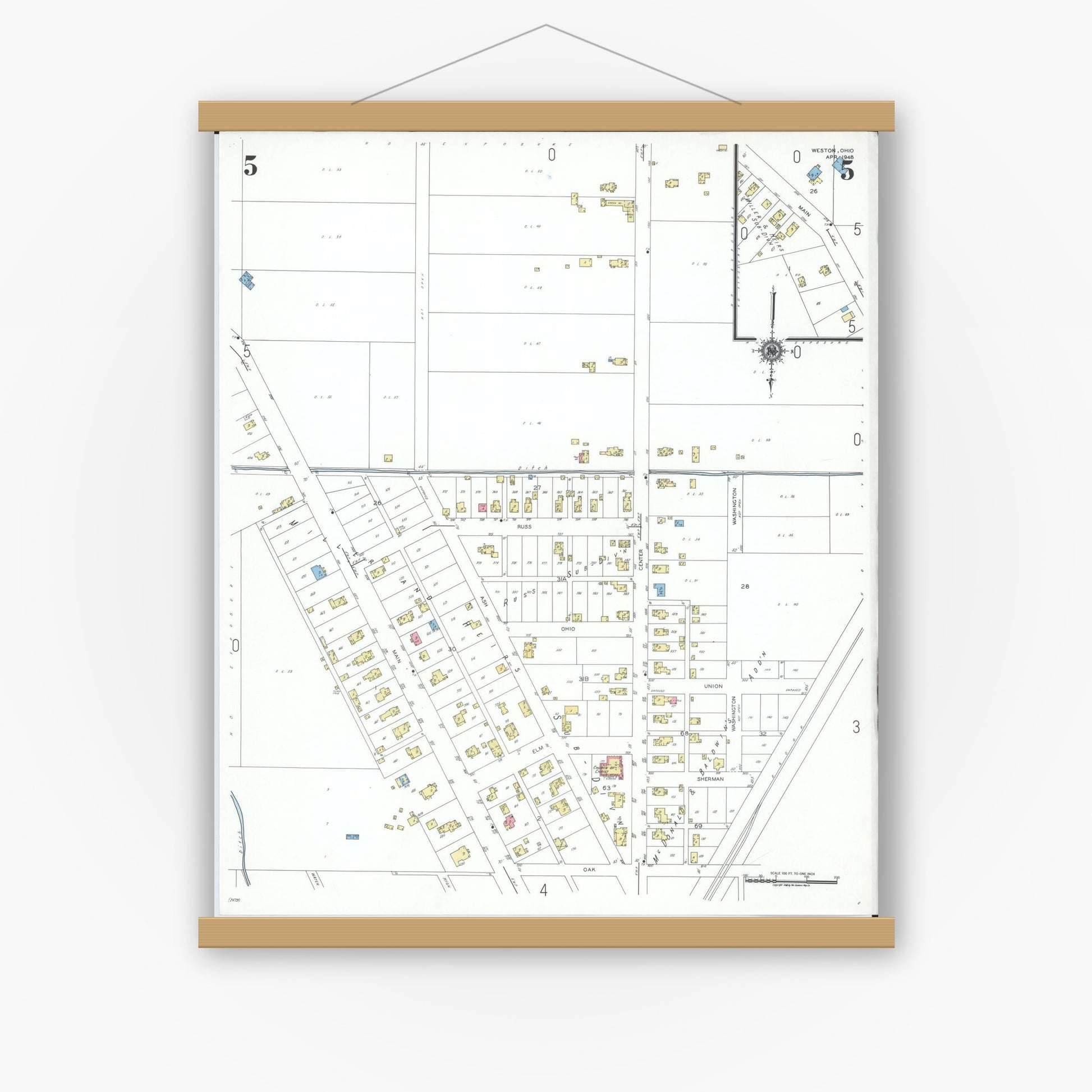 Old map wall art mockup — magnetic wood frame on white wall — Sanborn Fire Insurance Map from Weston, Wood County, Ohio (1948), Sheet #0005