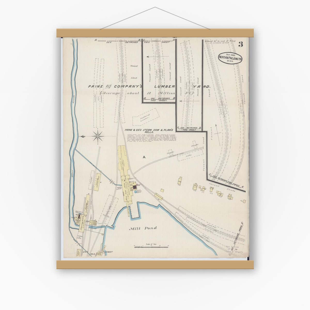 Old map wall art mockup — magnetic wood frame on white wall — Sanborn Fire Insurance Map from Northern Pacific Junction, Carlton County, Minnesota (1885), Sheet #0003