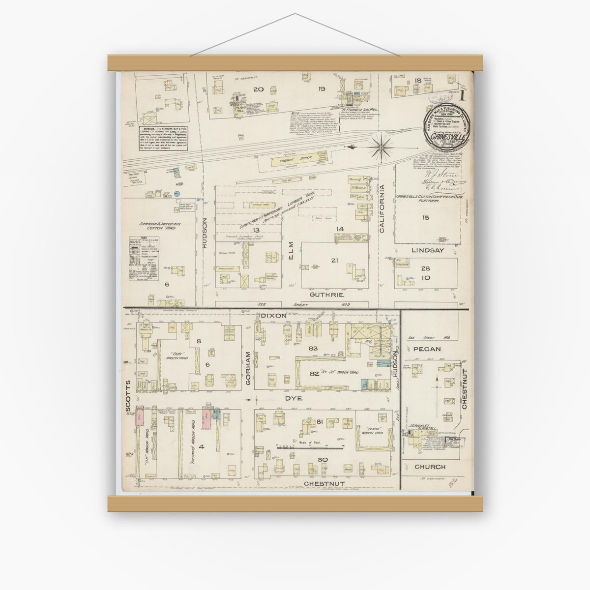 Old map wall art mockup — magnetic wood frame on white wall — Sanborn Fire Insurance Map from Gainesville, Cooke County, Texas (1885) - Complete Map Set