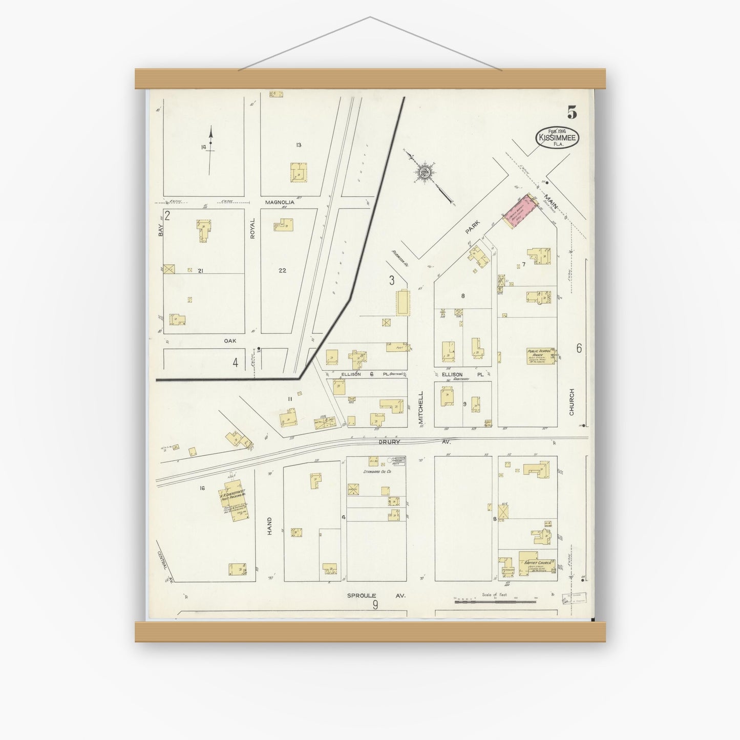 Old map wall art mockup — magnetic wood frame on white wall — Sanborn Fire Insurance Map from Kissimmee, Osceola County, Florida (1914), Sheet #0005