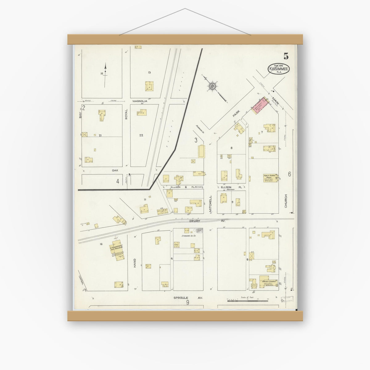 Old map wall art mockup — magnetic wood frame on white wall — Sanborn Fire Insurance Map from Kissimmee, Osceola County, Florida (1914), Sheet #0005