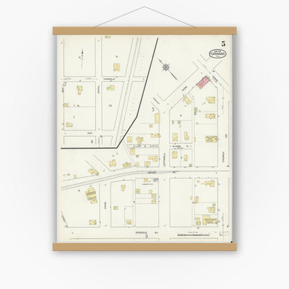 Old map wall art mockup — magnetic wood frame on white wall — Sanborn Fire Insurance Map from Kissimmee, Osceola County, Florida (1914), Sheet #0005