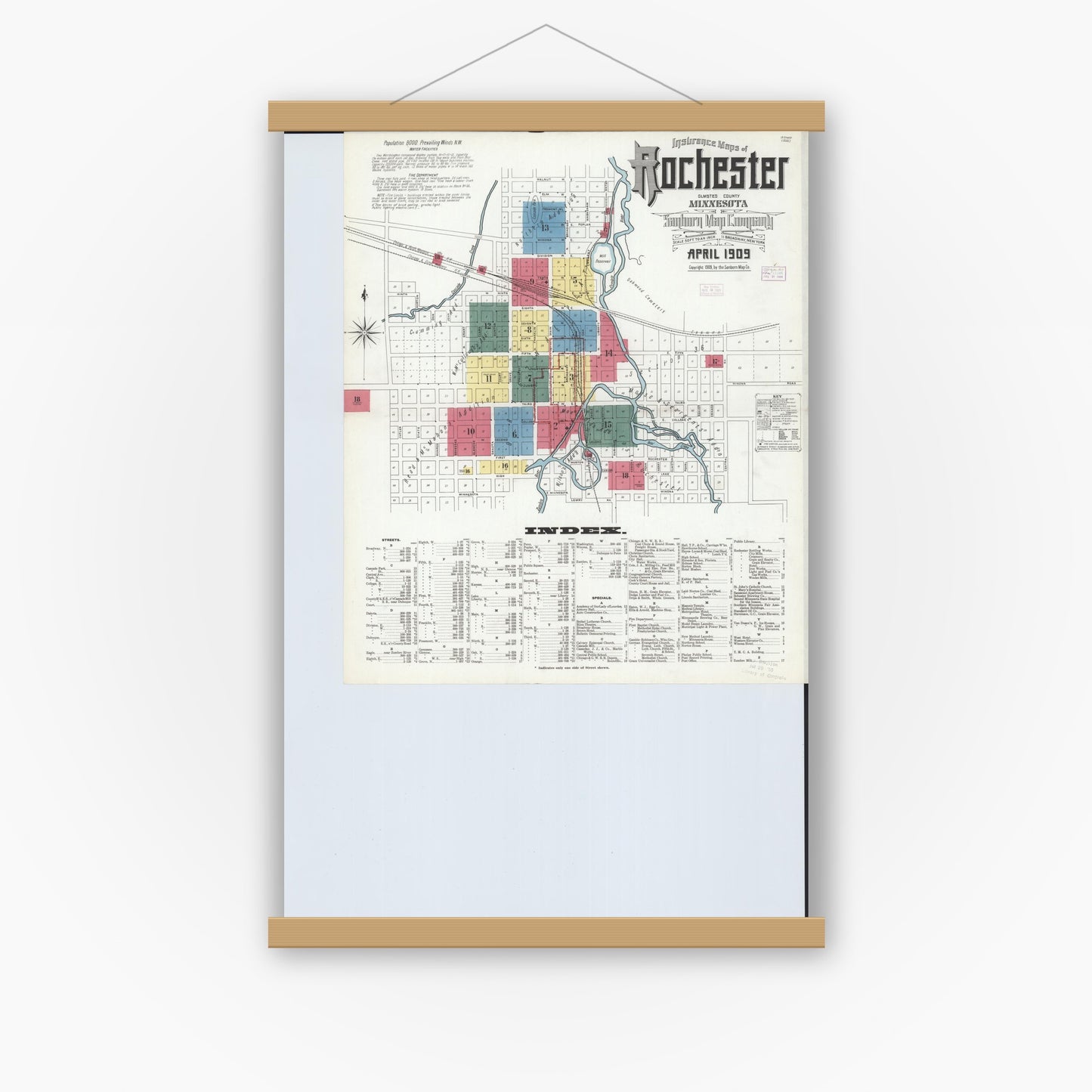 Old map wall art mockup — magnetic wood frame on white wall — Sanborn Fire Insurance Map from Rochester, Olmsted County, Minnesota (1909) - Complete Map Set
