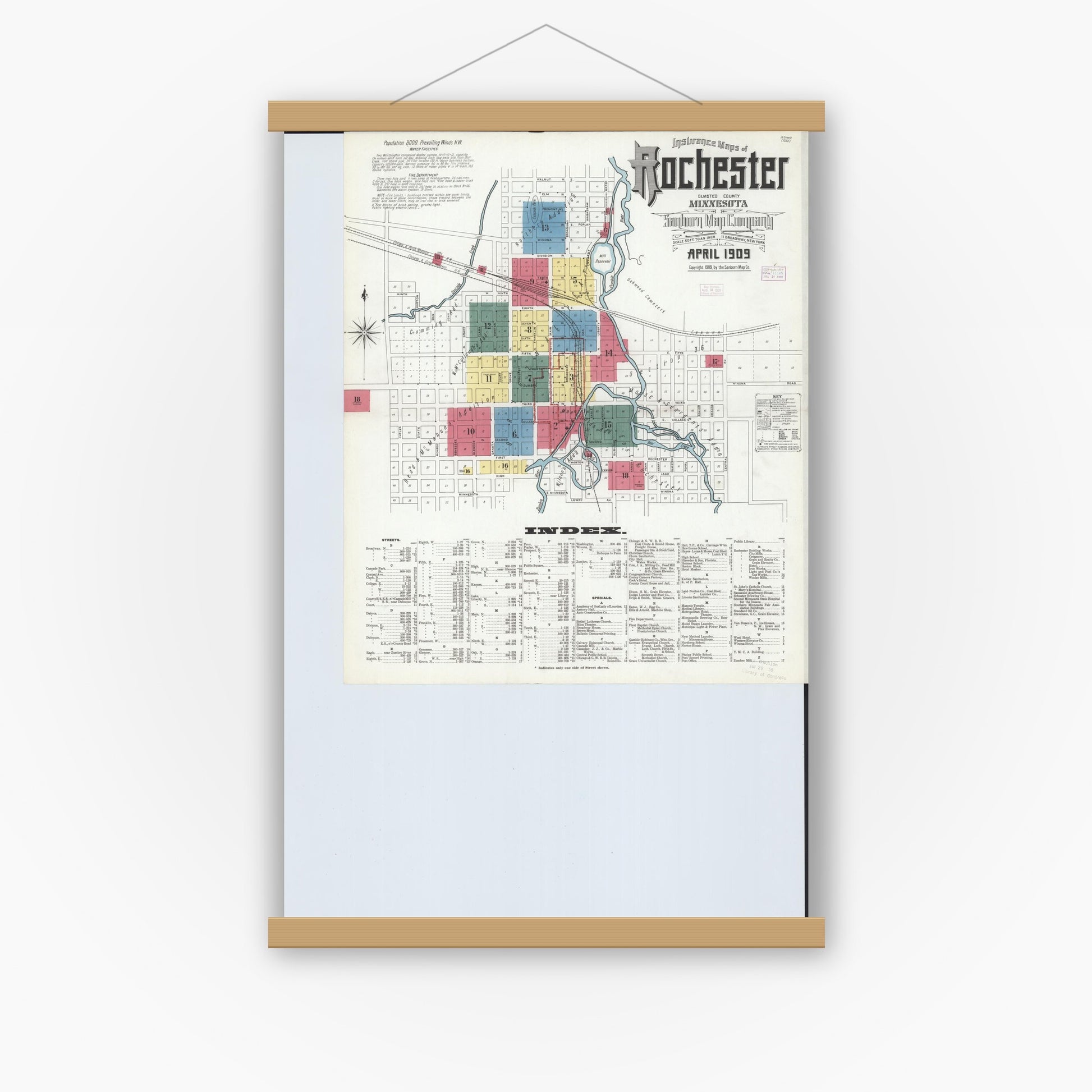 Old map wall art mockup — magnetic wood frame on white wall — Sanborn Fire Insurance Map from Rochester, Olmsted County, Minnesota (1909) - Complete Map Set
