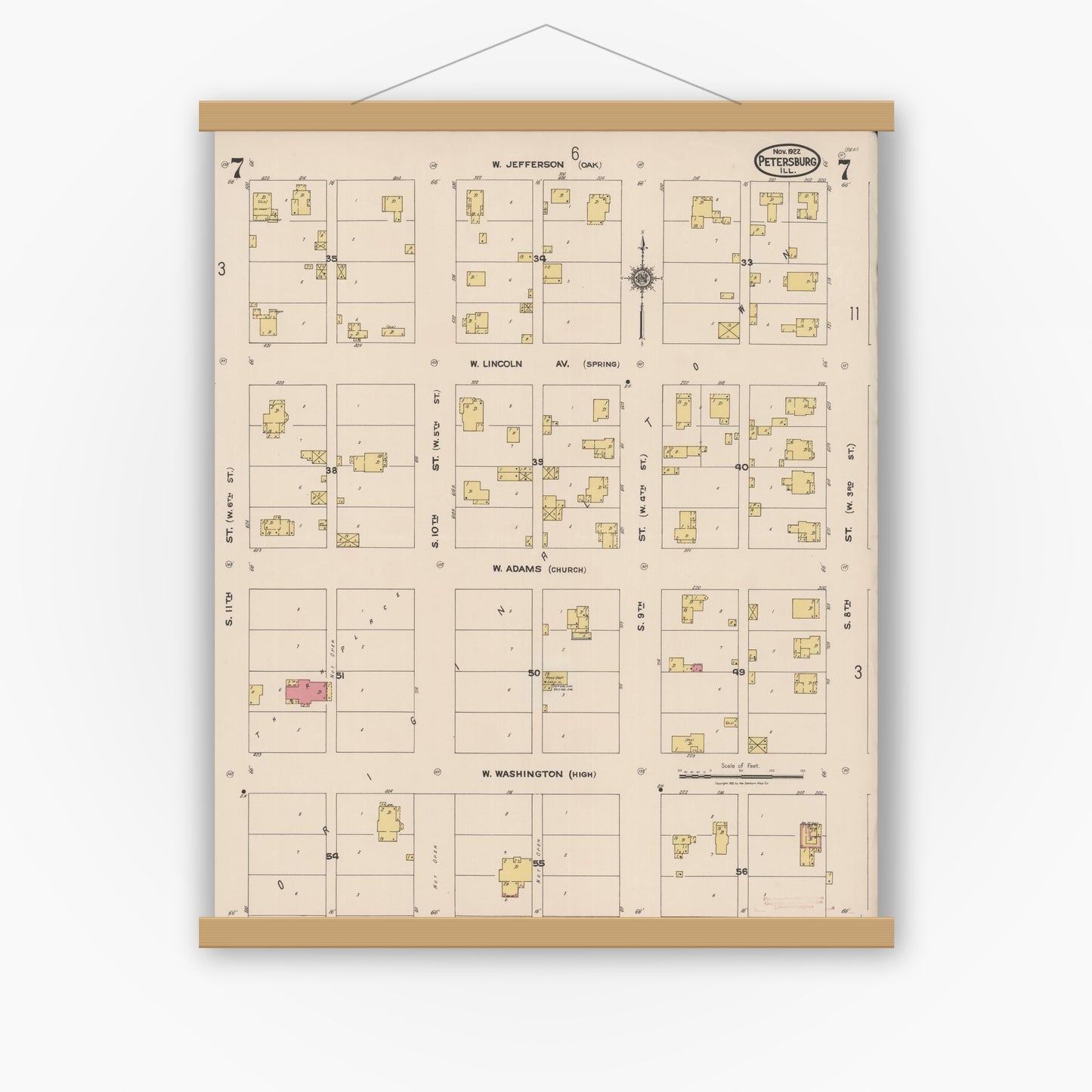 Old map wall art mockup — magnetic wood frame on white wall — Sanborn Fire Insurance Map from Petersburg, Menard County, Illinois (1922), Sheet #0007