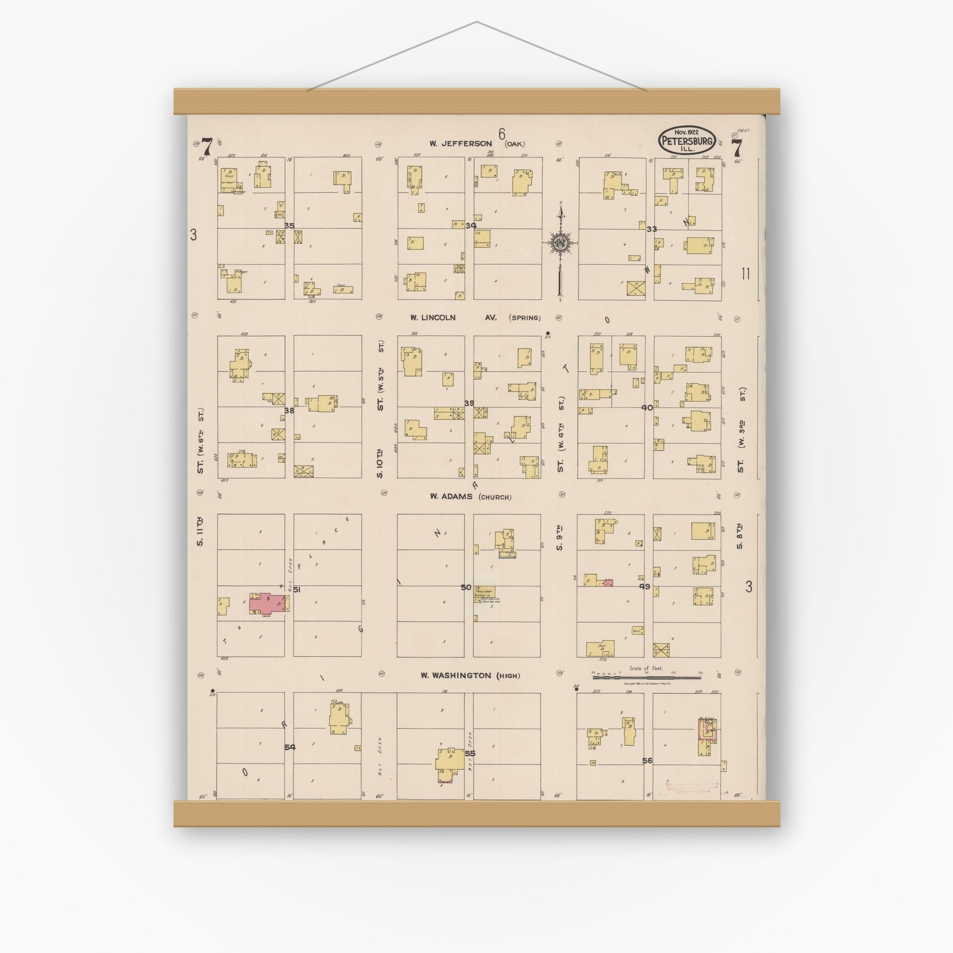 Old map wall art mockup — magnetic wood frame on white wall — Sanborn Fire Insurance Map from Petersburg, Menard County, Illinois (1922), Sheet #0007