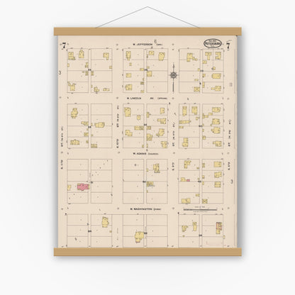 Old map wall art mockup — magnetic wood frame on white wall — Sanborn Fire Insurance Map from Petersburg, Menard County, Illinois (1922), Sheet #0007