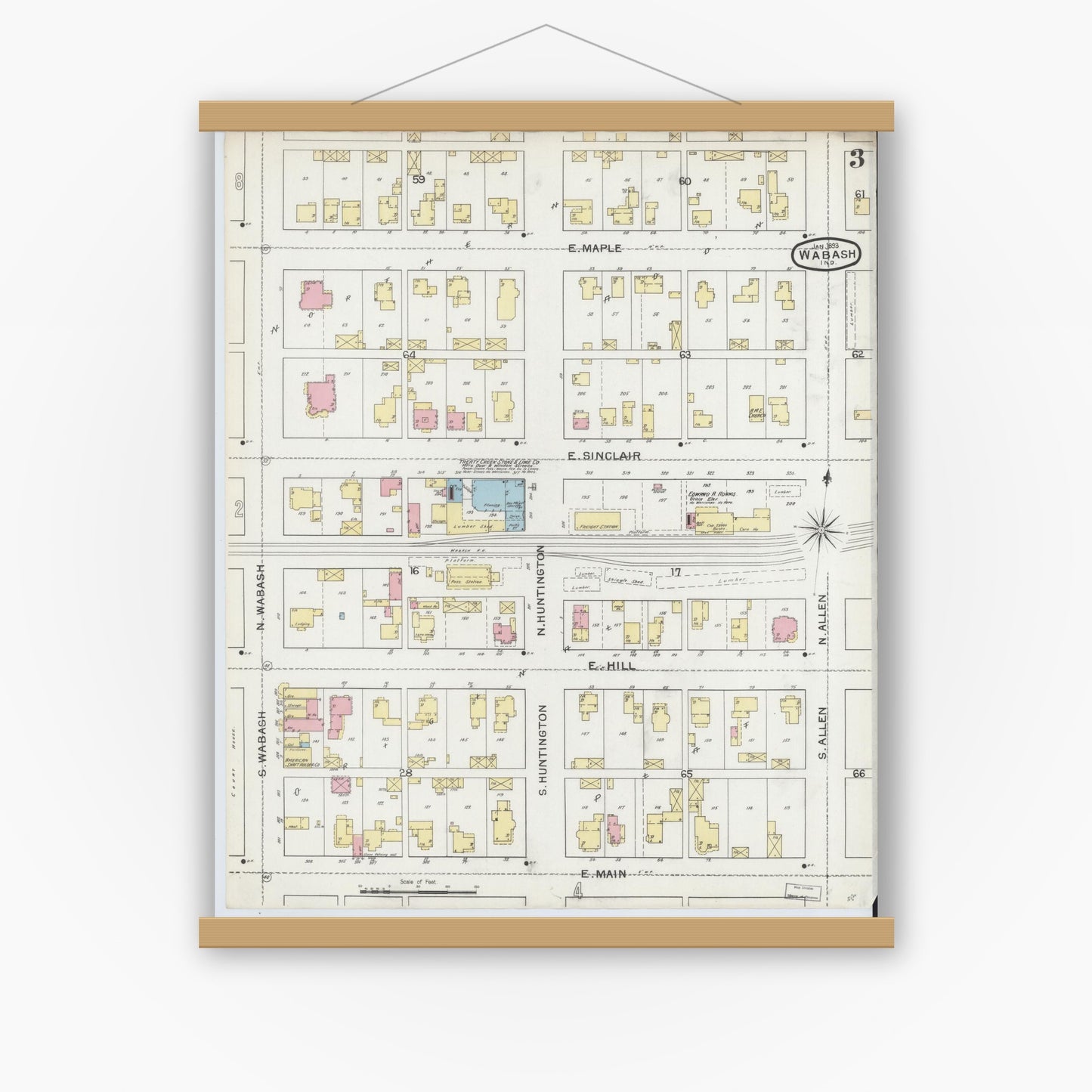 Old map wall art mockup — magnetic wood frame on white wall — Sanborn Fire Insurance Map from Wabash, Wabash County, Indiana (1893), Sheet #0003