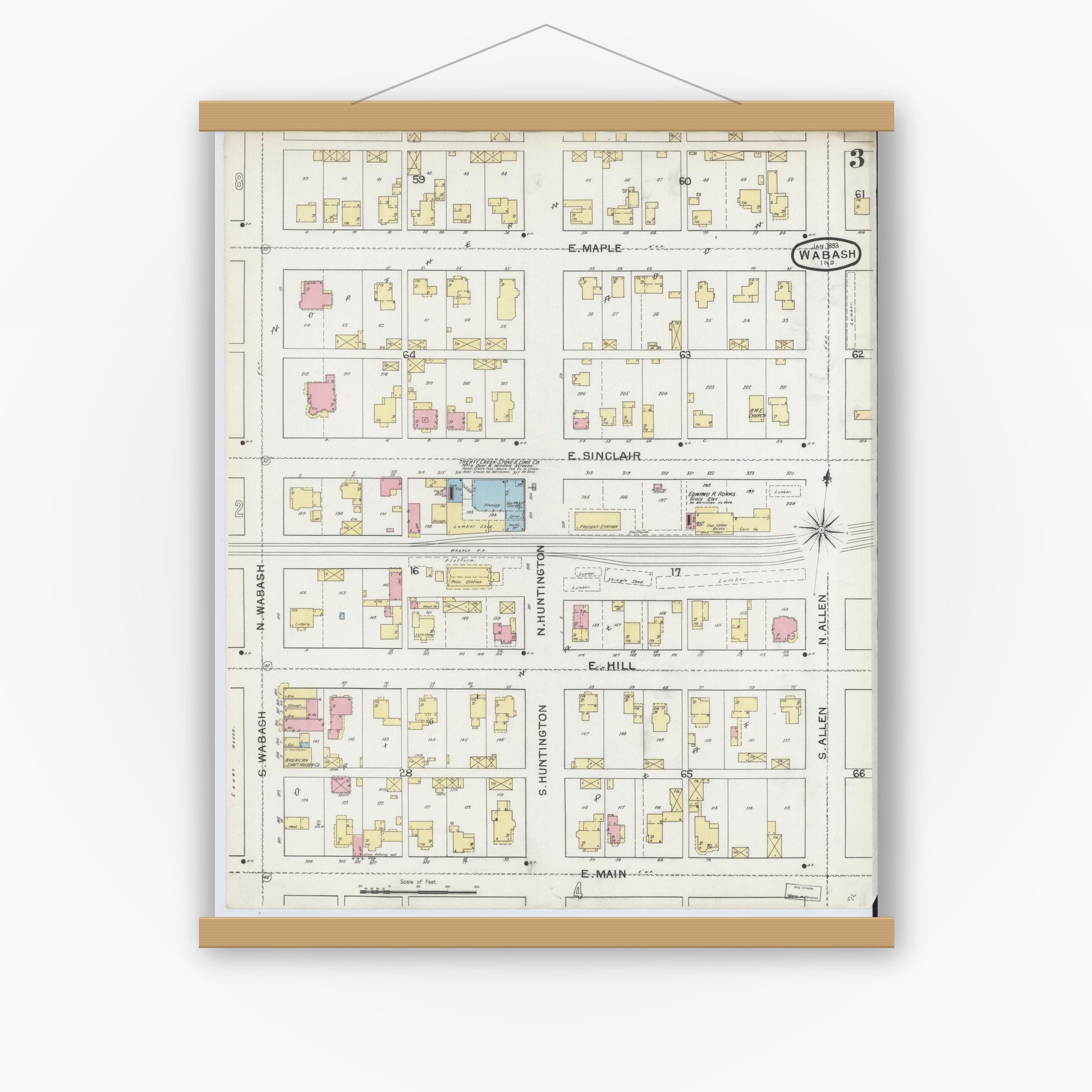 Old map wall art mockup — magnetic wood frame on white wall — Sanborn Fire Insurance Map from Wabash, Wabash County, Indiana (1893), Sheet #0003