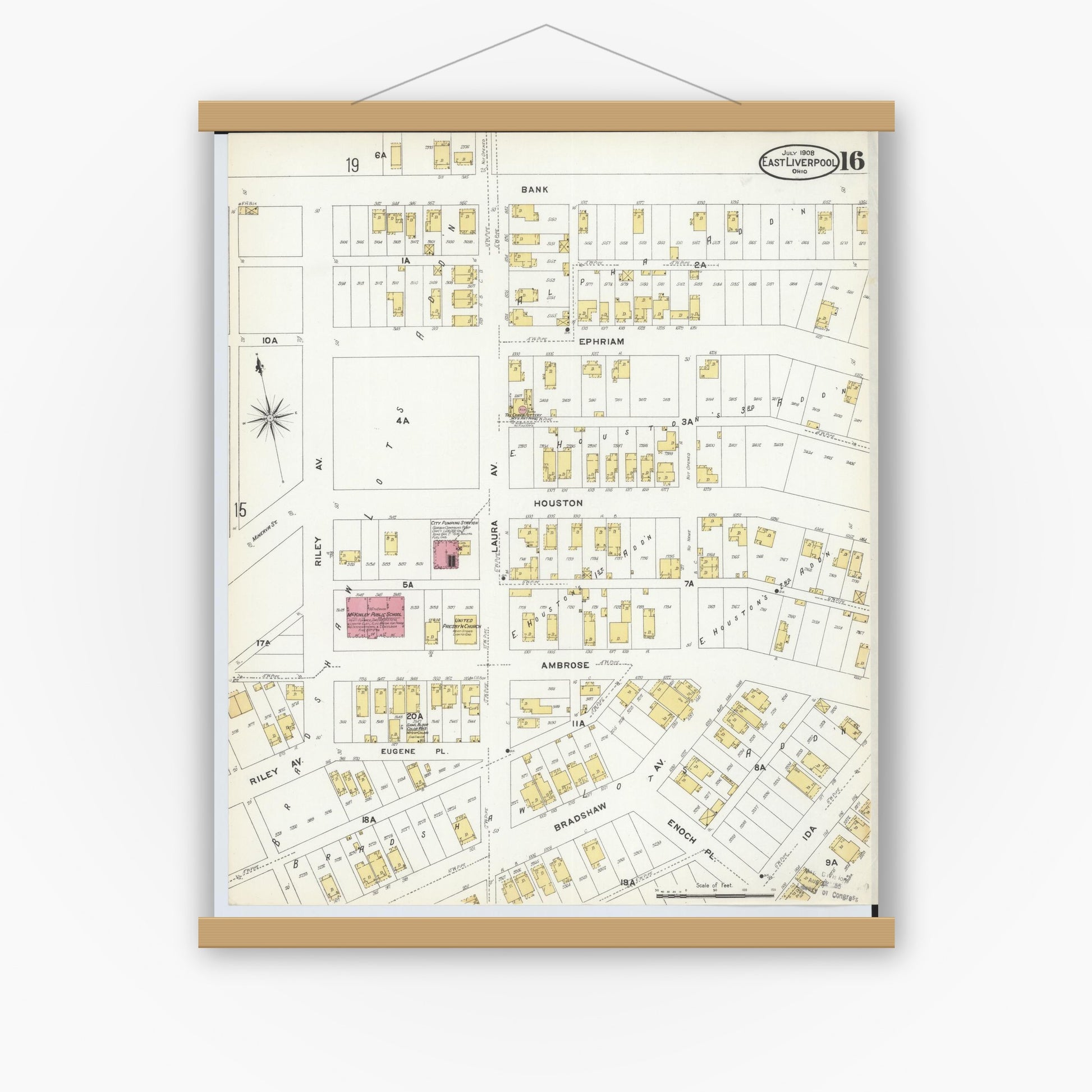 Old map wall art mockup — magnetic wood frame on white wall — Sanborn Fire Insurance Map from East Liverpool, Columbiana County, Ohio (1908), Sheet #0016