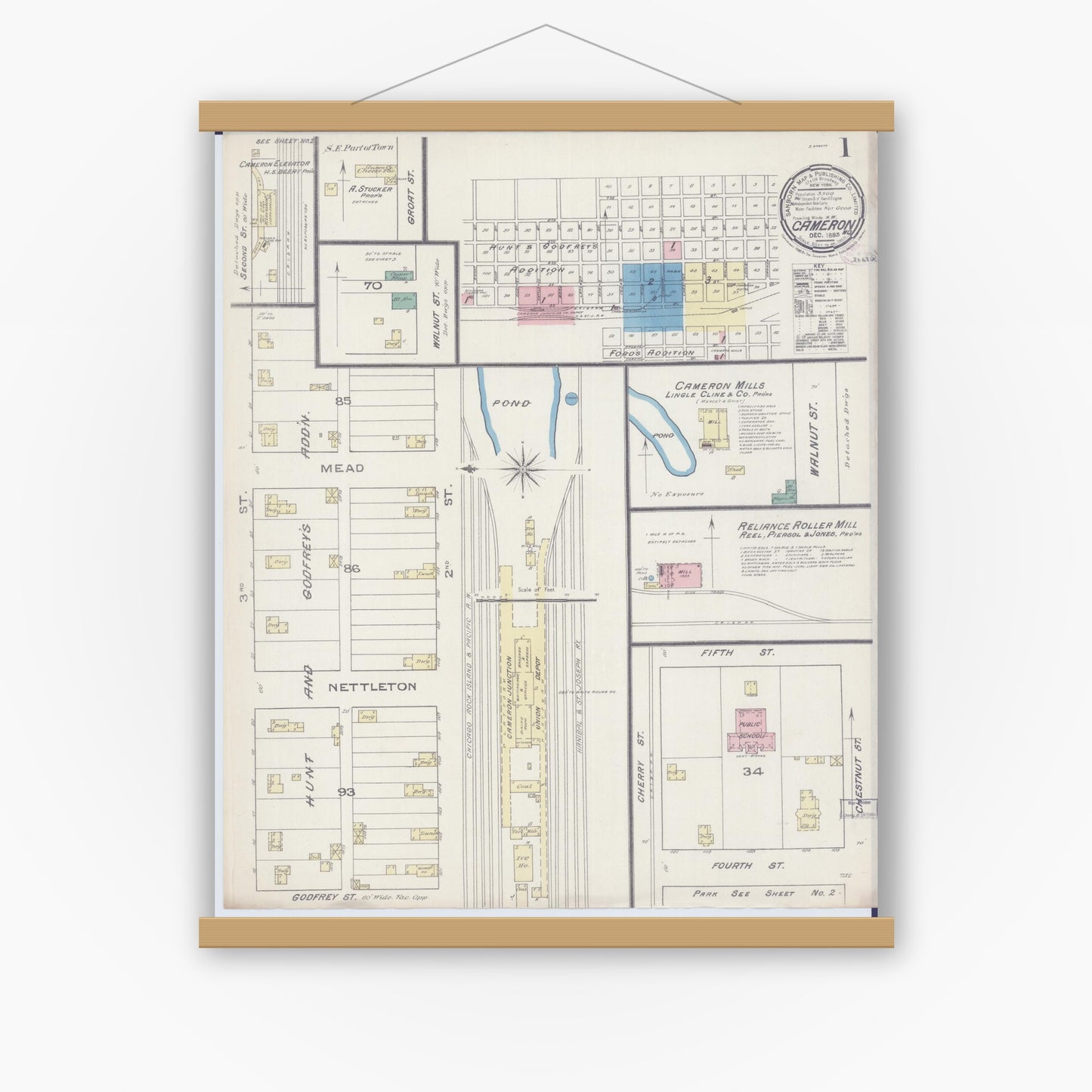 Old map wall art mockup — magnetic wood frame on white wall — Sanborn Fire Insurance Map from Cameron, Clinton County, Missouri (1885) - Complete Map Set