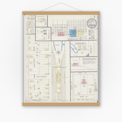 Old map wall art mockup — magnetic wood frame on white wall — Sanborn Fire Insurance Map from Cameron, Clinton County, Missouri (1885) - Complete Map Set