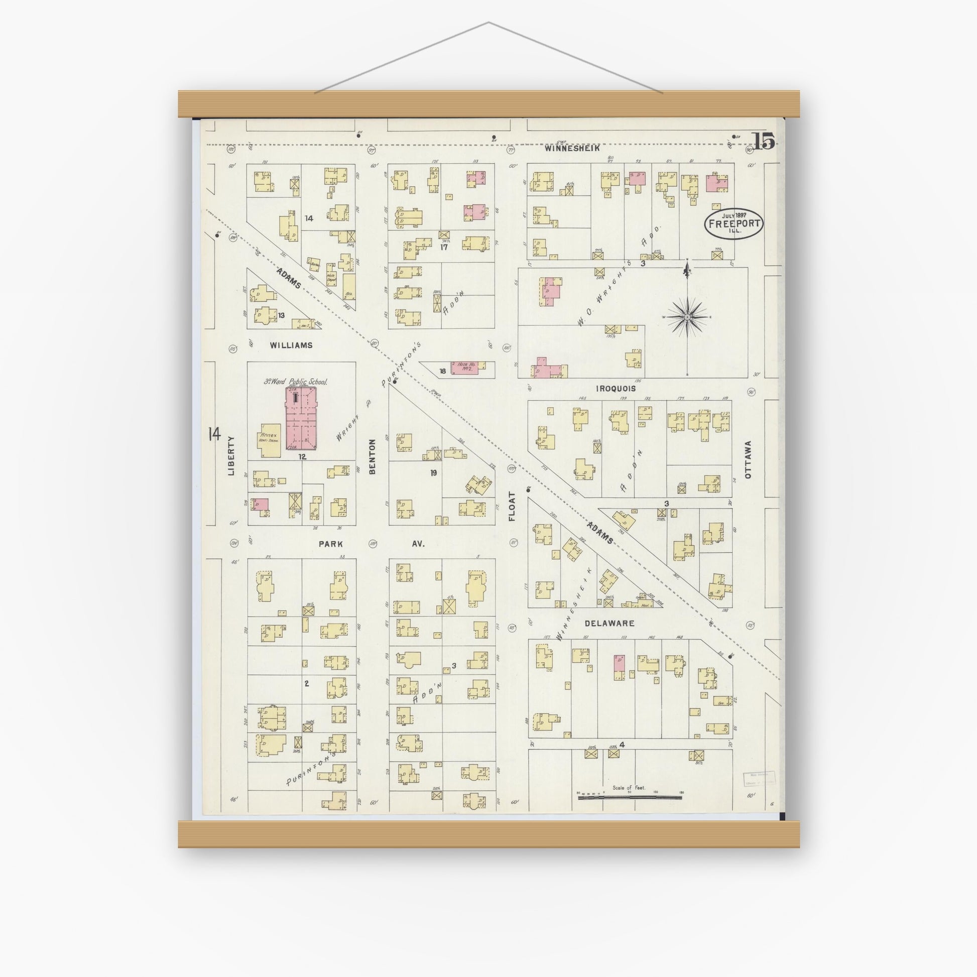 Old map wall art mockup — magnetic wood frame on white wall — Sanborn Fire Insurance Map from Freeport, Stephenson County, Illinois (1897), Sheet #0015