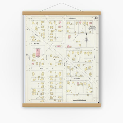 Old map wall art mockup — magnetic wood frame on white wall — Sanborn Fire Insurance Map from Freeport, Stephenson County, Illinois (1897), Sheet #0015