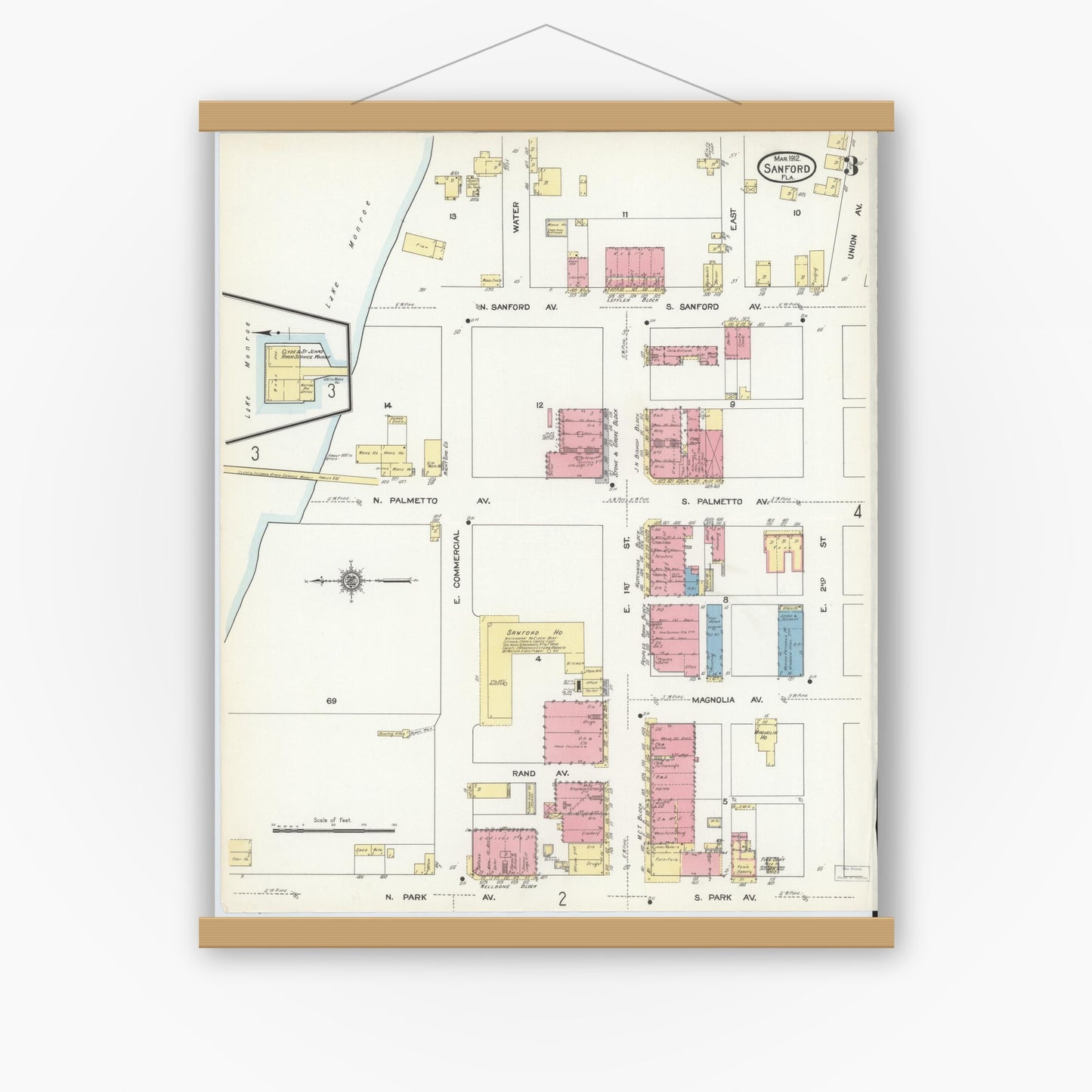 Old map wall art mockup — magnetic wood frame on white wall — Sanborn Fire Insurance Map from Sanford, Seminole County, Florida (1912), Sheet #0003