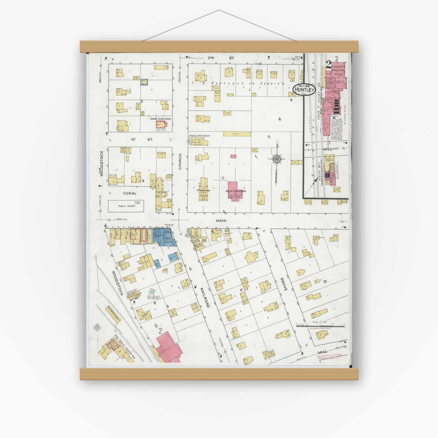 Old map wall art mockup — magnetic wood frame on white wall — Sanborn Fire Insurance Map from Huntley, McHenry County, Illinois (1919), Sheet #0002